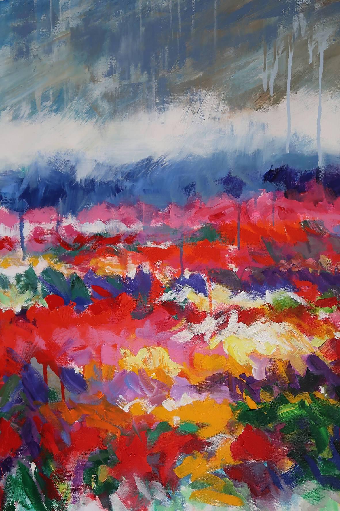 Aspettando il sole, dittico, pittura astratta di paesaggio in grassetto, arte floreale - Abstract Painting Grigio di Mary Chaplin