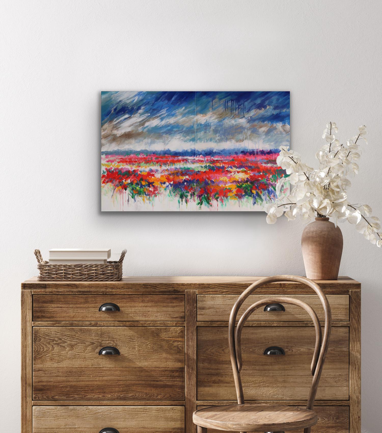 Aspettando il sole, dittico, pittura astratta di paesaggio in grassetto, arte floreale in vendita 2
