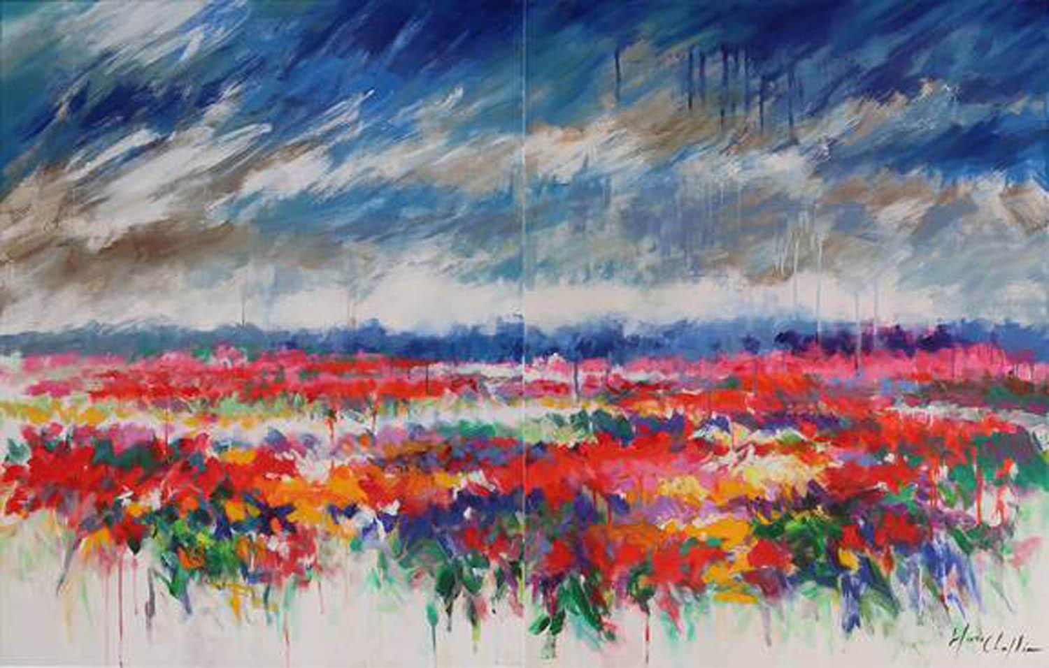 Mary Chaplin Abstract Painting - Waiting for the Sun, Diptych, Bold Abstract Landscape Painting, Floral Art