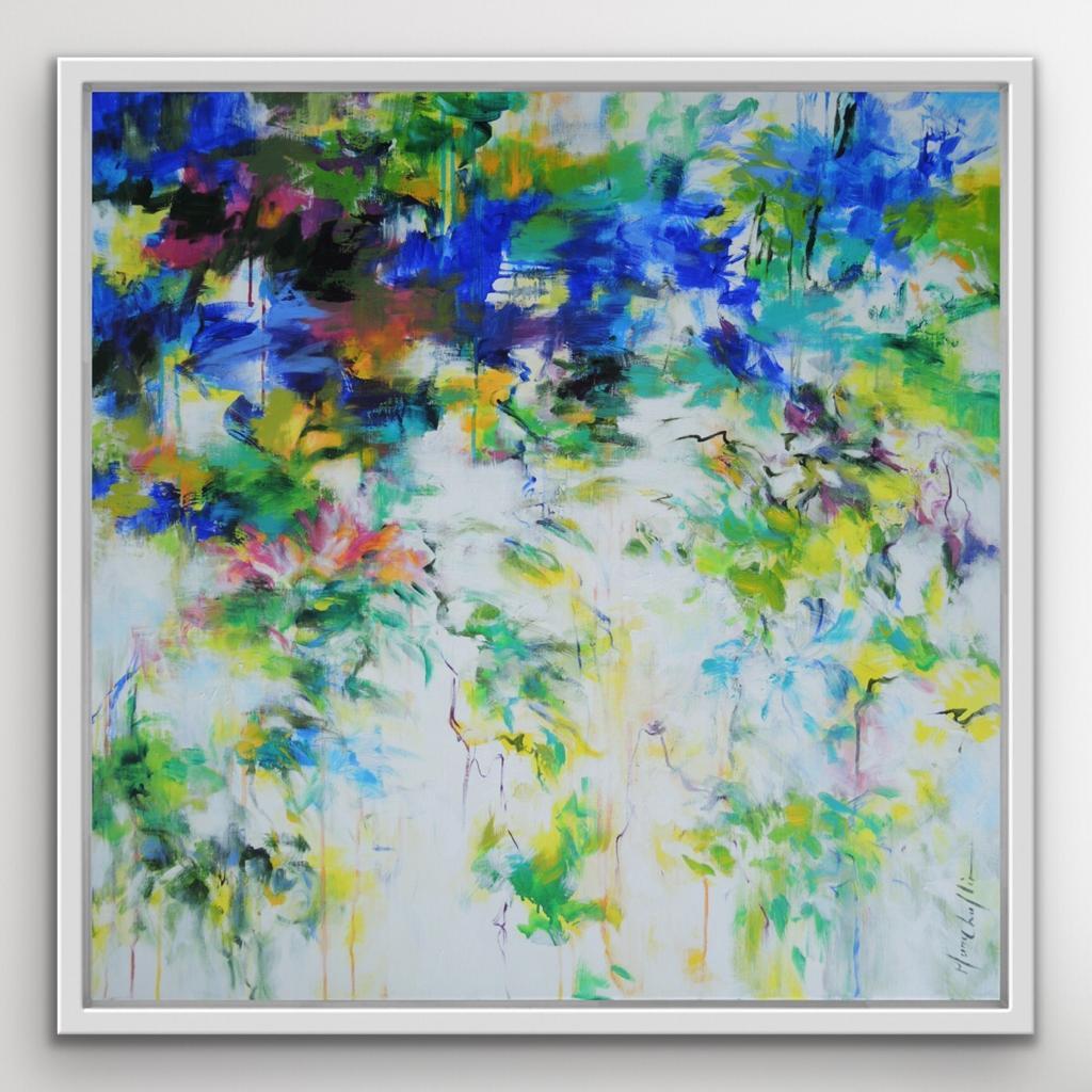 When The Swallows Are Back is an original painting by Mary Chaplin. This large, abstract painting inspired by the colours of spring, green yellowish and the yellow of forsythias surrounded by the blue the sky of a nice day of spring. Not framed but