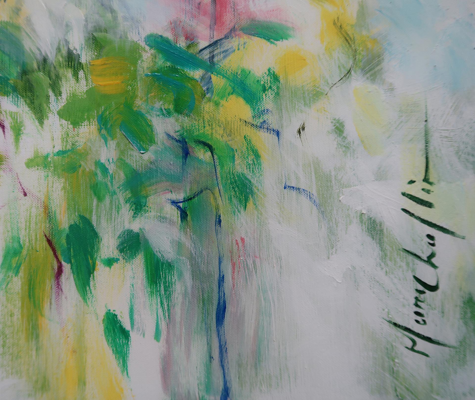 Cuando vuelven las golondrinas es un cuadro original de Mary Chaplin. Este gran cuadro abstracto se inspira en los colores de la primavera, el verde amarillento y el amarillo de las forsitias, rodeados por el azul del cielo de un bonito día de