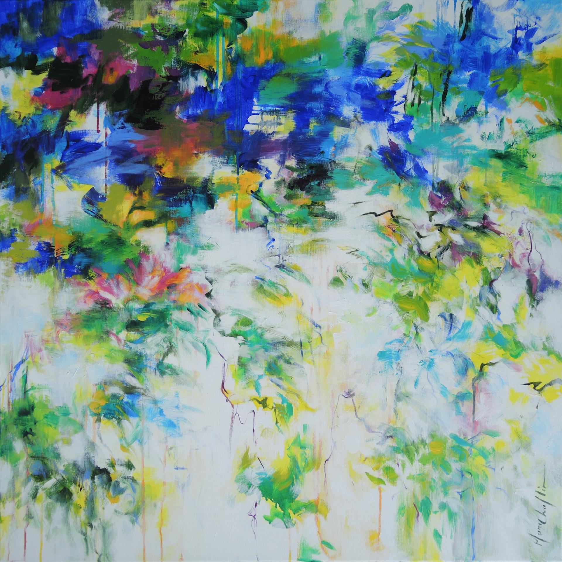 « When The Swallows Are Back », MARY CHAPLIN, peinture florale abstraite, Art brillant
