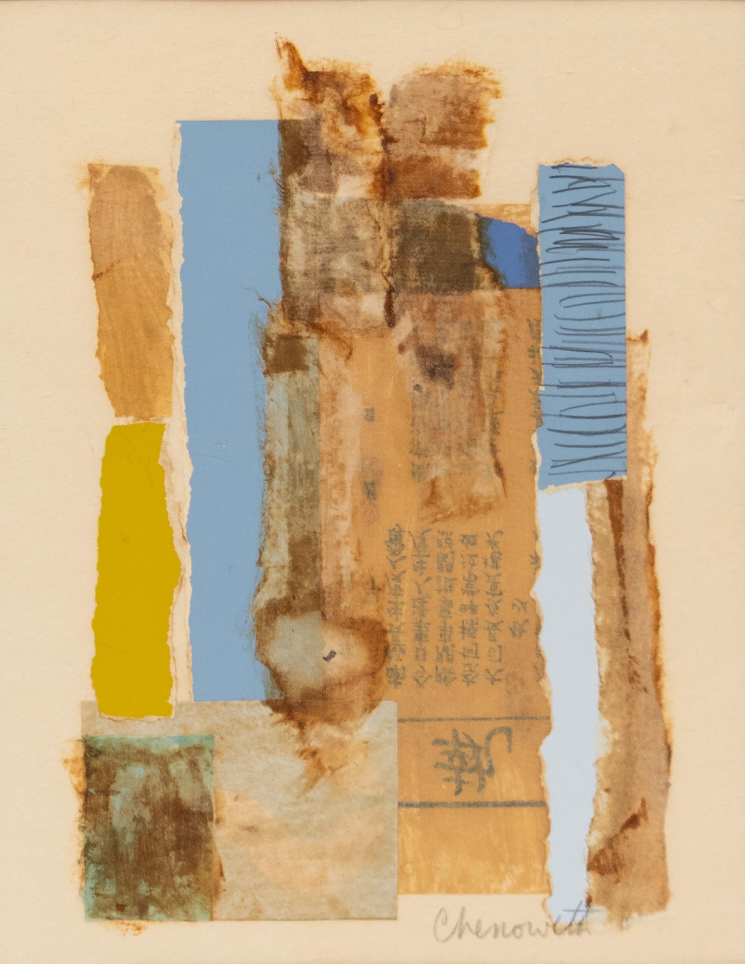 Modern Vintage Mixed Media Collage in Blue and Gold by Mary Chenoweth