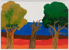 Original 1980s Tree Mixed Media Acrylic Collage Painting, Vibrant Nature Artwork