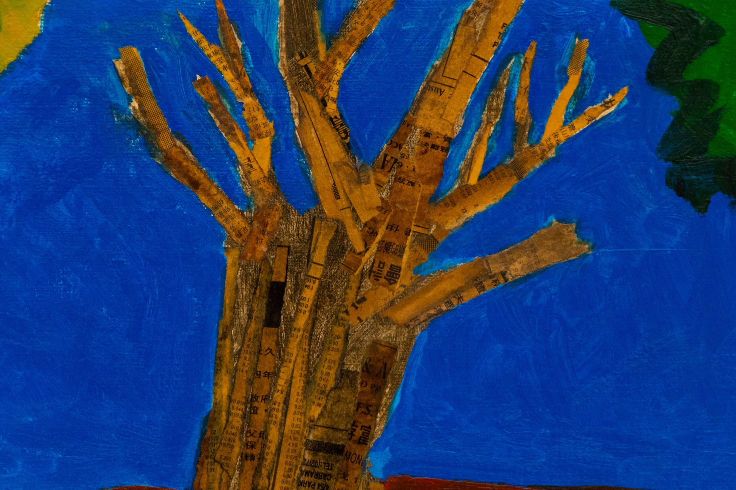 Árbol original de los años 80 Pintura acrílica en técnica mixta Collage, Vibrante obra de arte de la naturaleza en venta 2