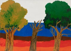 Original 1980s Tree Mixed Media Acrylic Collage Painting, Vibrant Nature Artwork