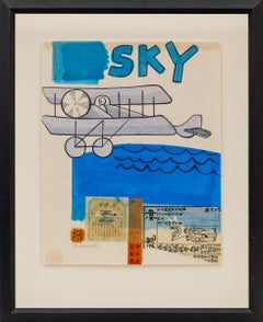 Mary Chenoweth “Biplane Over Water” Mixed Media Mid-Century Modern Collage