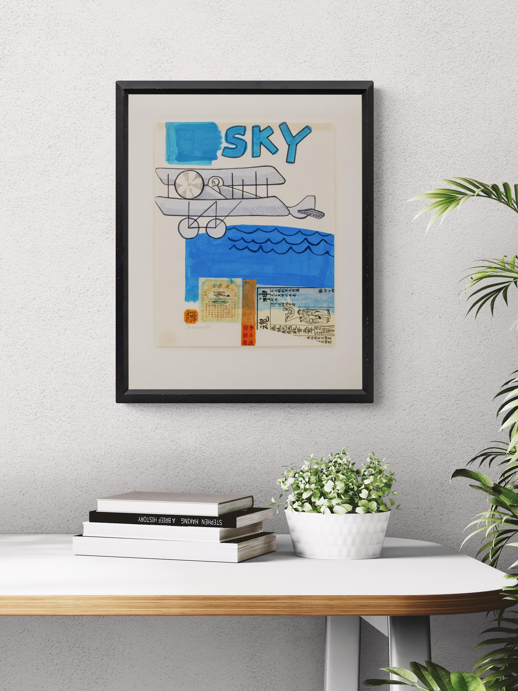 Discover a rare and original mixed media collage (acrylic paint, graphite, and ink on paper) by renowned Colorado Springs artist Mary Chenoweth (1918-1999). This unique composition features a striking image of a biplane soaring over water, enhanced