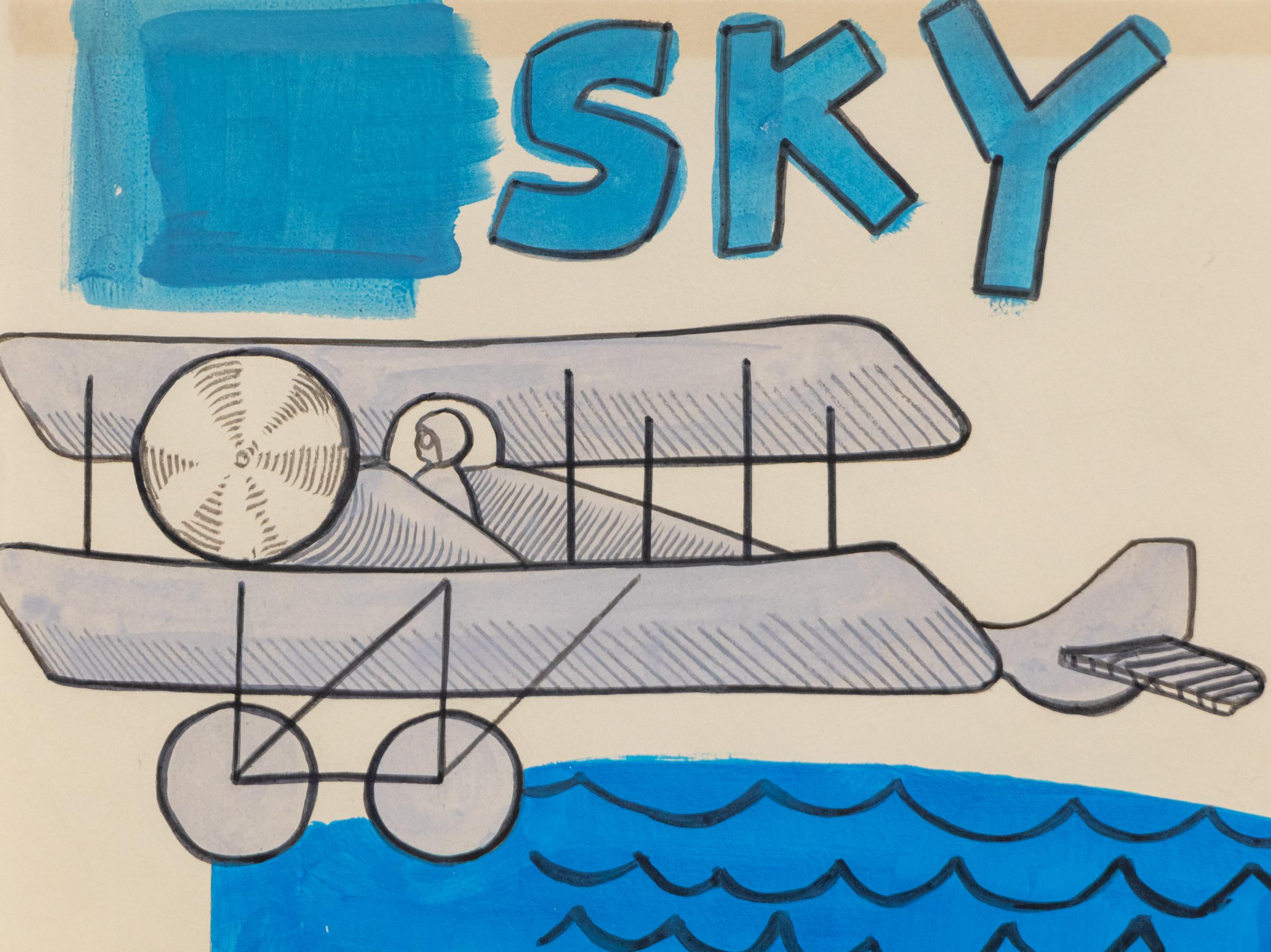 Sky (Biplane Flying Over Water), Mid Century Modern Mixed Media Composition For Sale 1