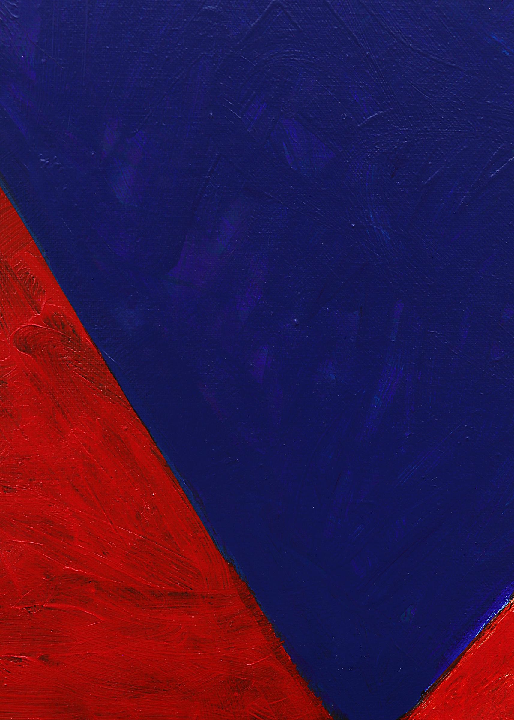 Oil on canvas painting by 20th century Colorado artist Mary Chenoweth. Abstract geometric painting with two blue triangles on a red background. Presented in a custom white frame, outer dimensions measure 33 ½ x 25 ½ x 2 ⅛ inches. Image size is 31 ¾