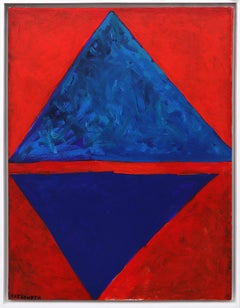 American Modernist Abstract Oil Painting, Triangles, Geometric, Red and Blue