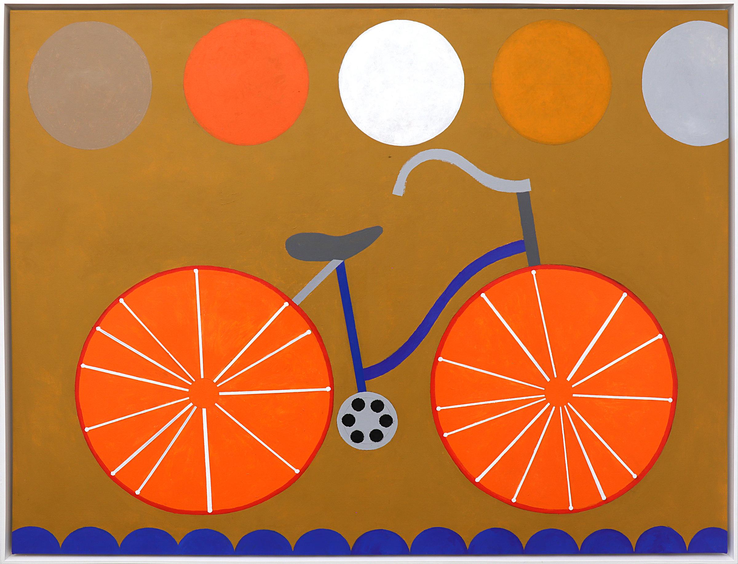 Mary Chenoweth Abstract Painting - Modernist Bicycle, Semi Abstract Vintage Painting 1960s Blue Orange White Brown