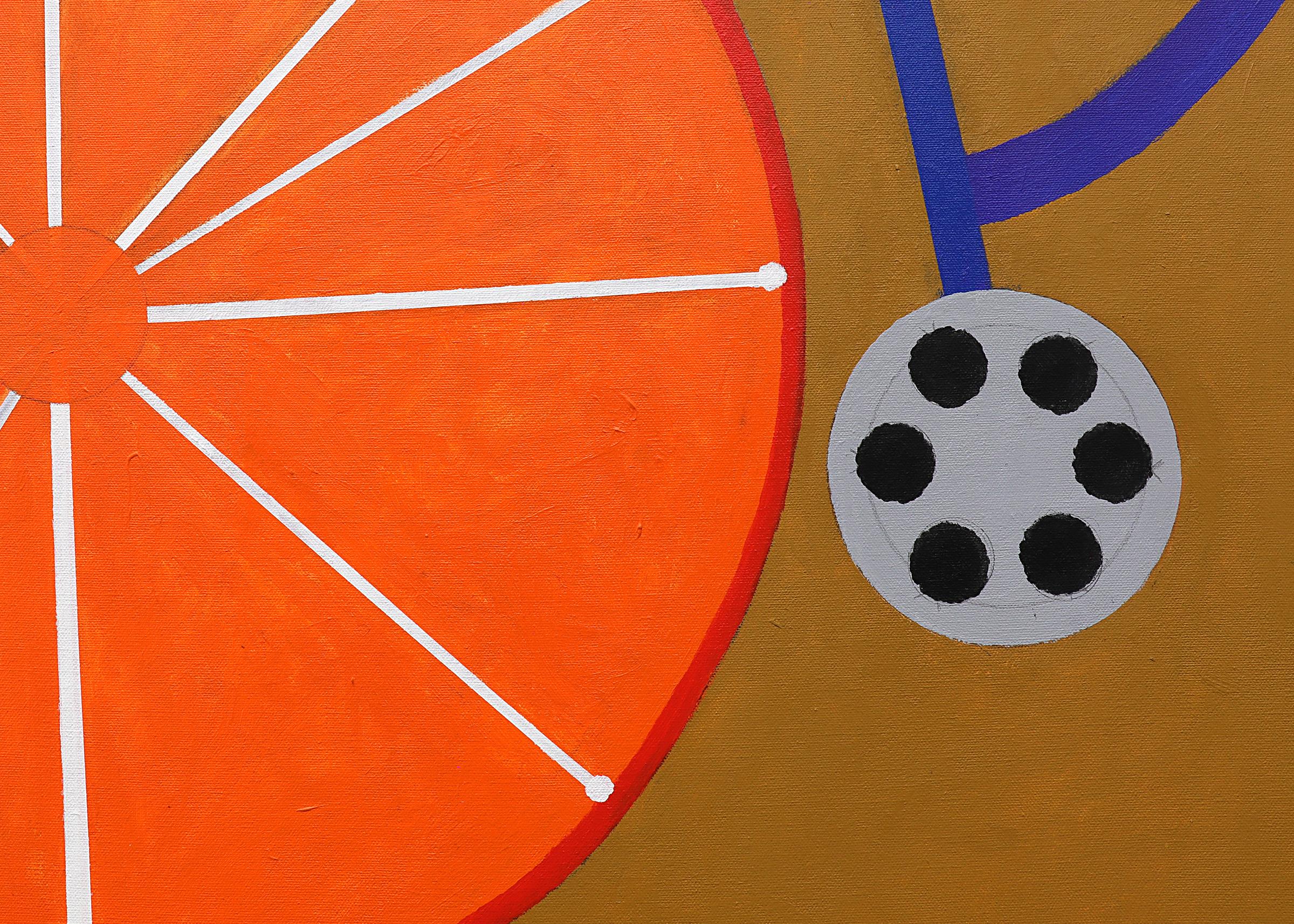 Modernist Bicycle, Semi Abstract Vintage Painting 1960s Blue Orange White Brown For Sale 2