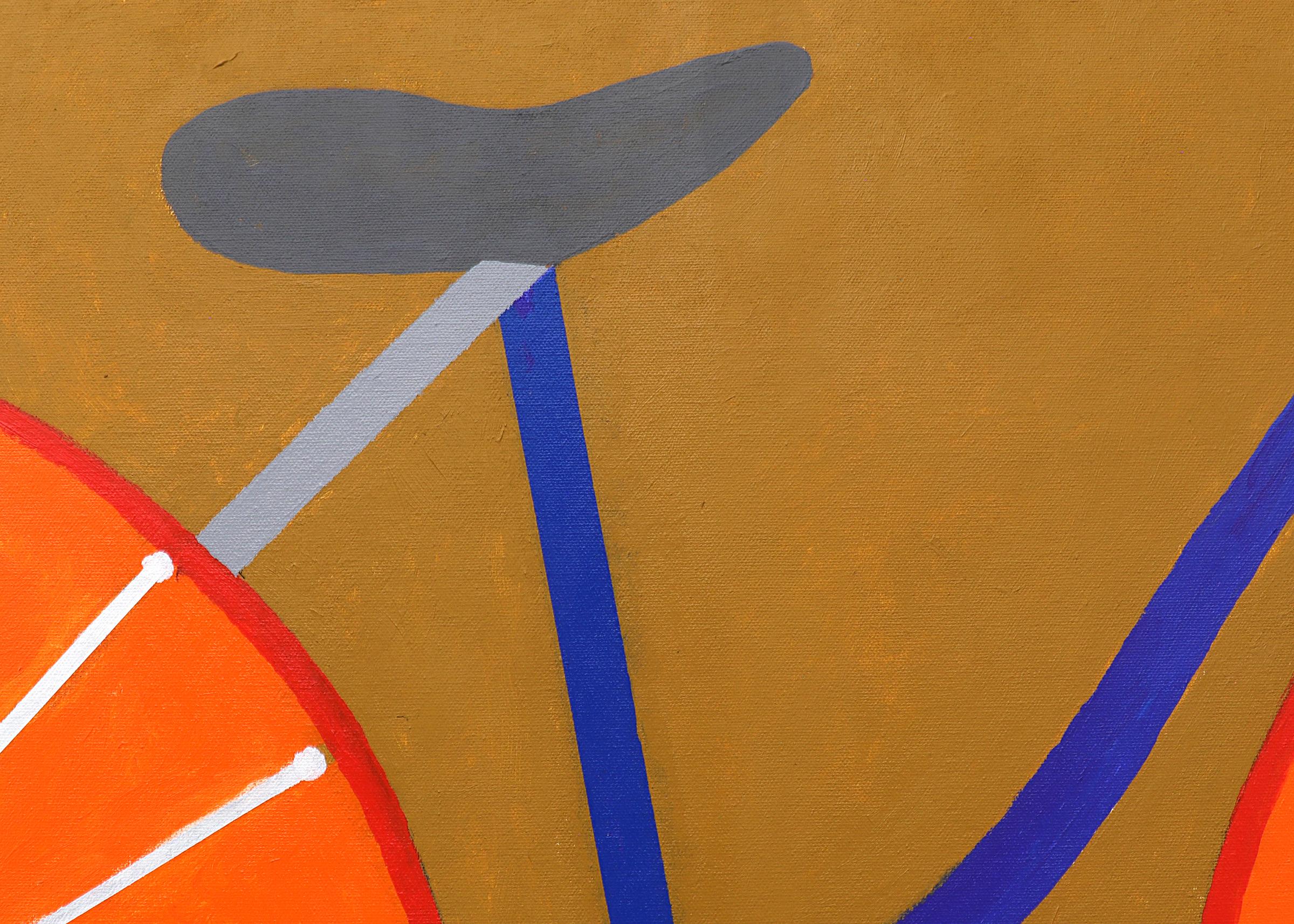 Modernist Bicycle, Semi Abstract Vintage Painting 1960s Blue Orange White Brown For Sale 3