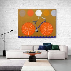 Bicycle with Orange Slice Wheels, 1970s Large Abstract Figurative Painting