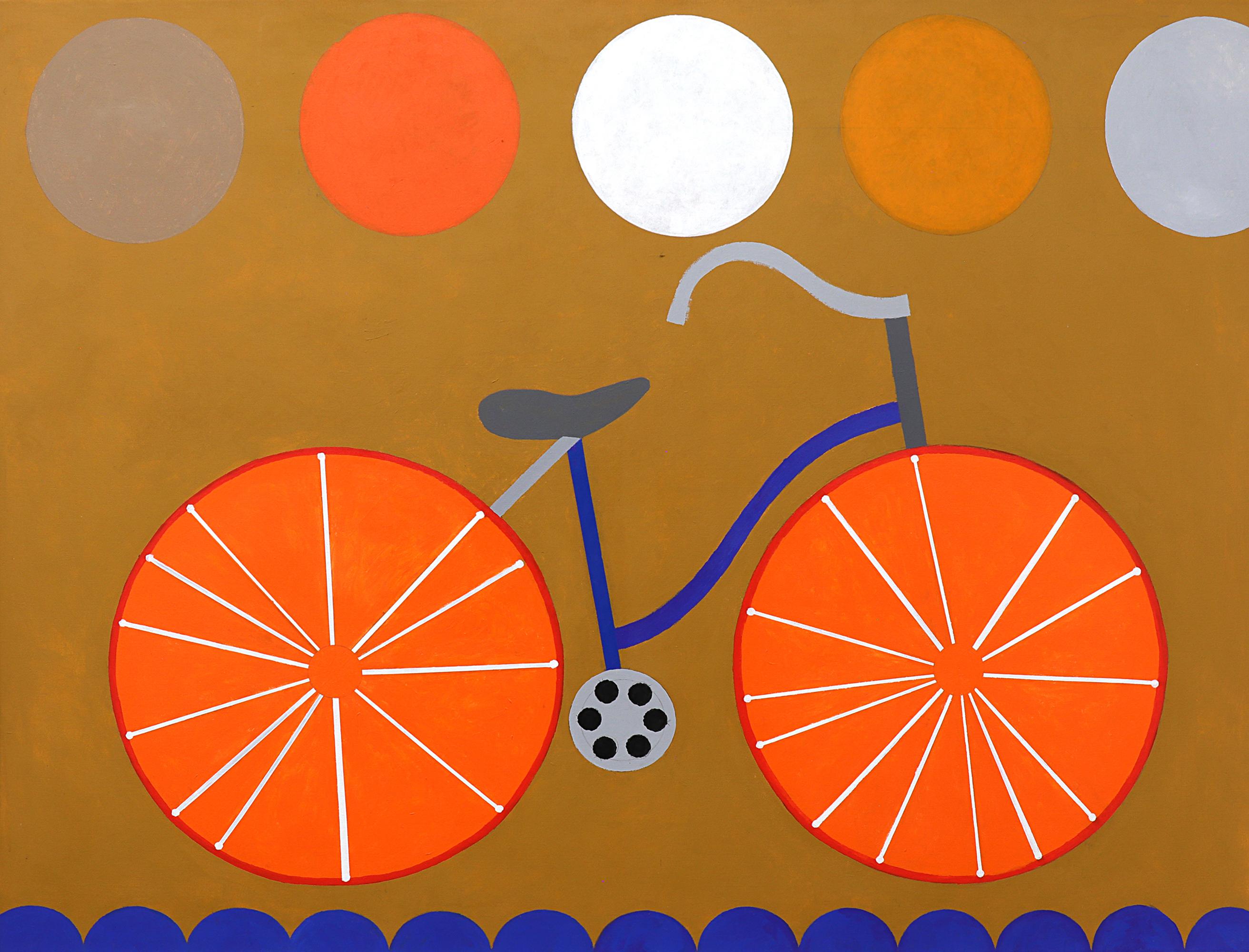 Grande peinture à l'huile moderniste sur bicyclette des années 1960 par Mary Chenoweth - Postmodern Art