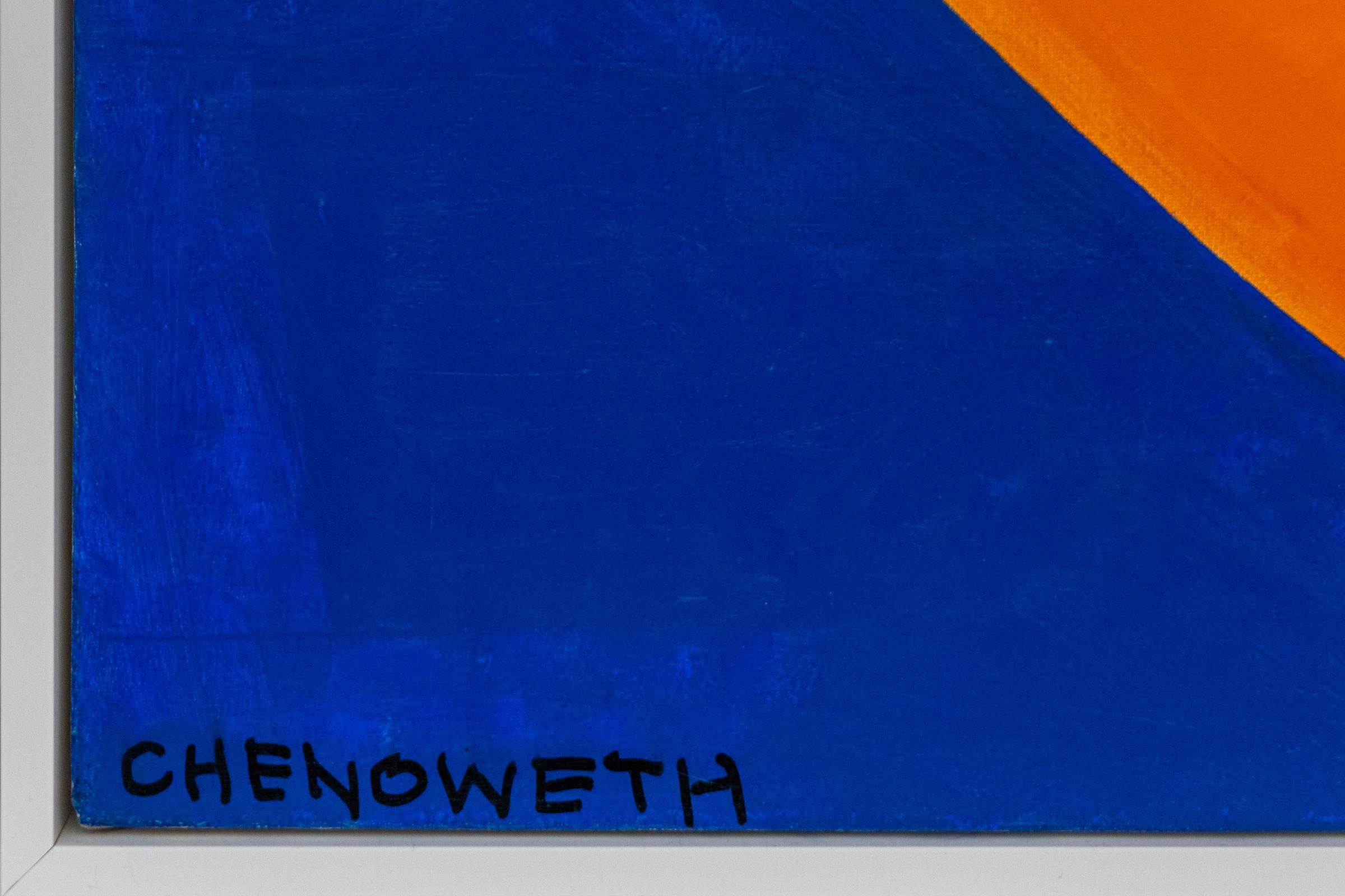 Questo sorprendente quadro astratto vintage del XX secolo, creato dalla talentuosa artista di Colorado Springs Mary Chenoweth, presenta un dinamico disegno geometrico evidenziato da audaci e vivaci cerchi. L'opera d'arte presenta una tavolozza di