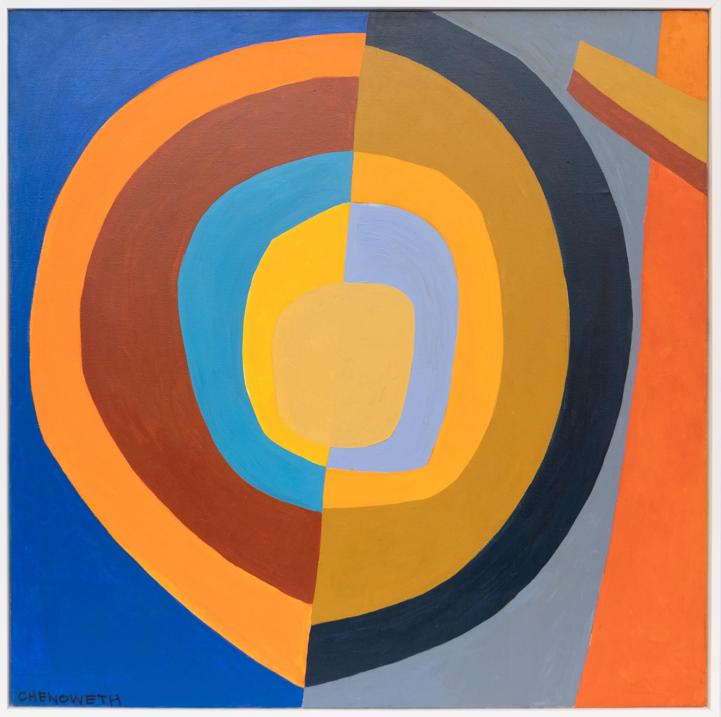 Vibrante astratto geometrico con cerchi - Opera d'arte su tela della metà del XX secolo - Painting Astrattismo geometrico di Mary Chenoweth