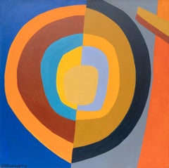 Abstracto geométrico vibrante con círculos - Obra de arte al óleo de mediados del siglo XX