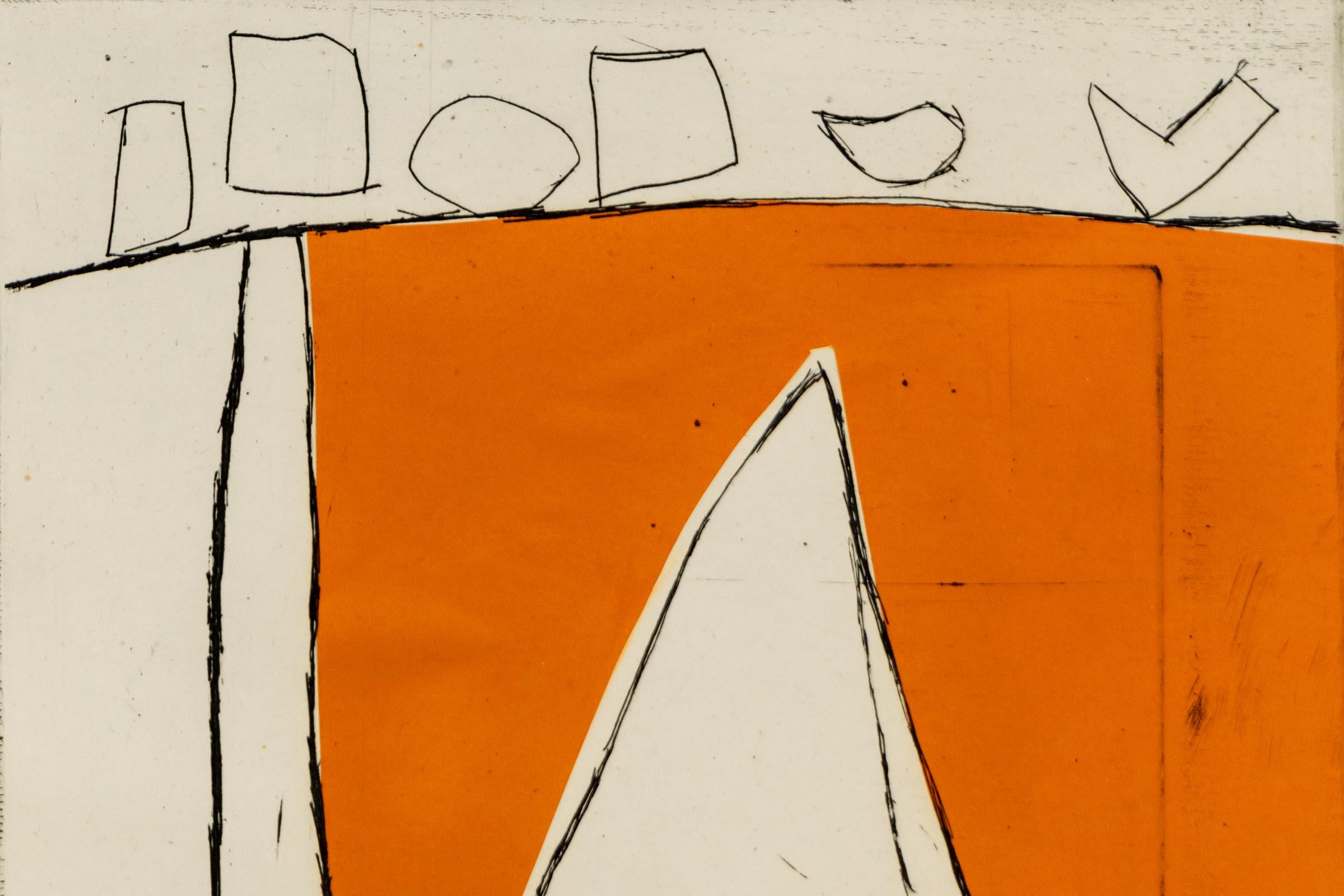 Discover a stunning vintage original lithograph by renowned Colorado Springs artist Mary Chenoweth. This striking abstract composition features bold geometric shapes set against a vibrant orange field, reflecting Chenoweth’s distinctive modernist
