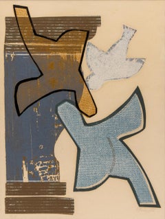 Lithographie originale signée des années 1970, oiseaux bleus colorés, œuvre d'art moderne du milieu du siècle dernier