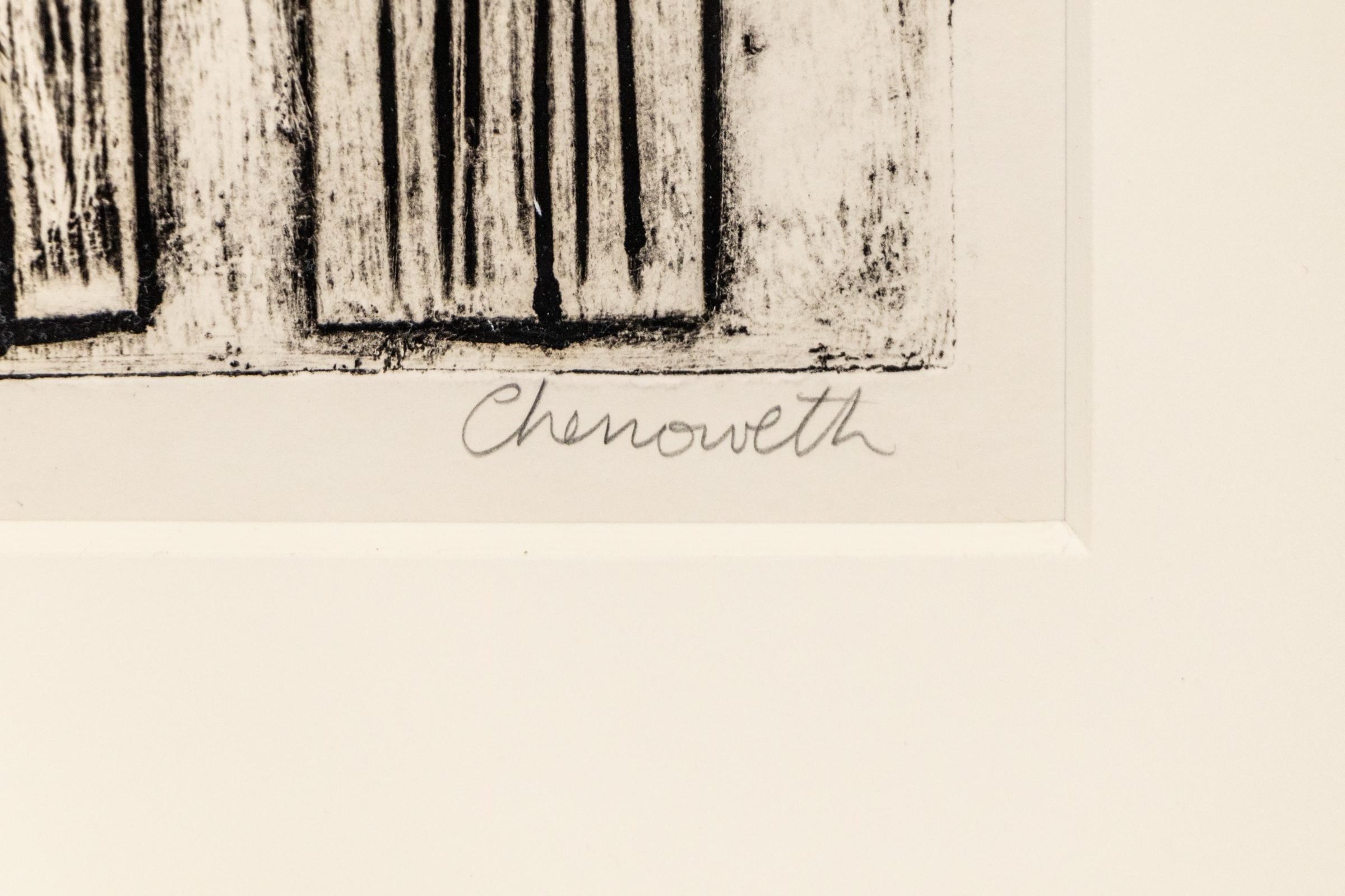 This bold and graphic black-and-white etching, titled 