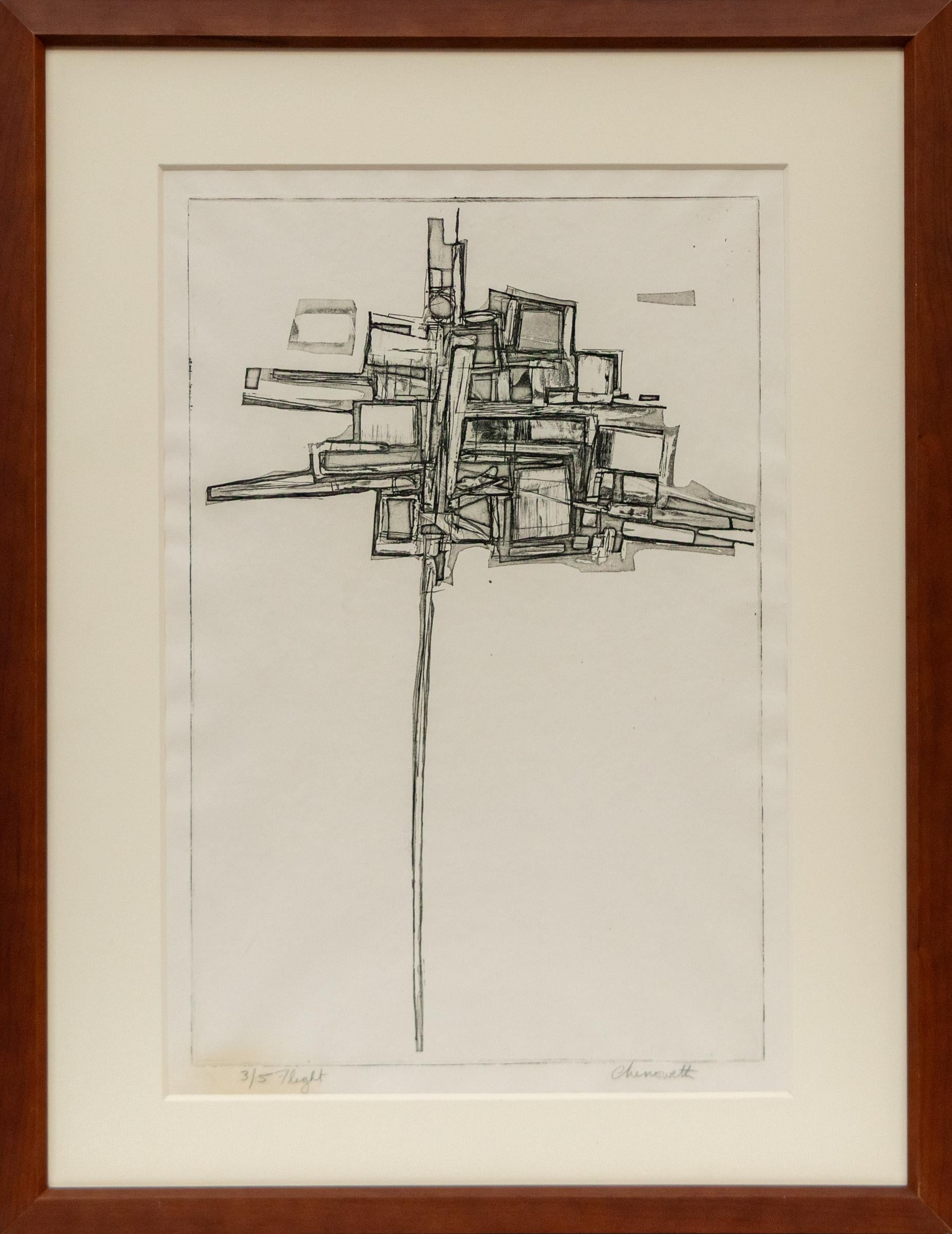 Cette étonnante gravure moderne du milieu du siècle dernier, intitulée Flight, est une œuvre expressionniste abstraite originale de la célèbre artiste de Colorado Springs Mary Chenoweth (1918-1999). Créée vers les années 1950, cette composition en