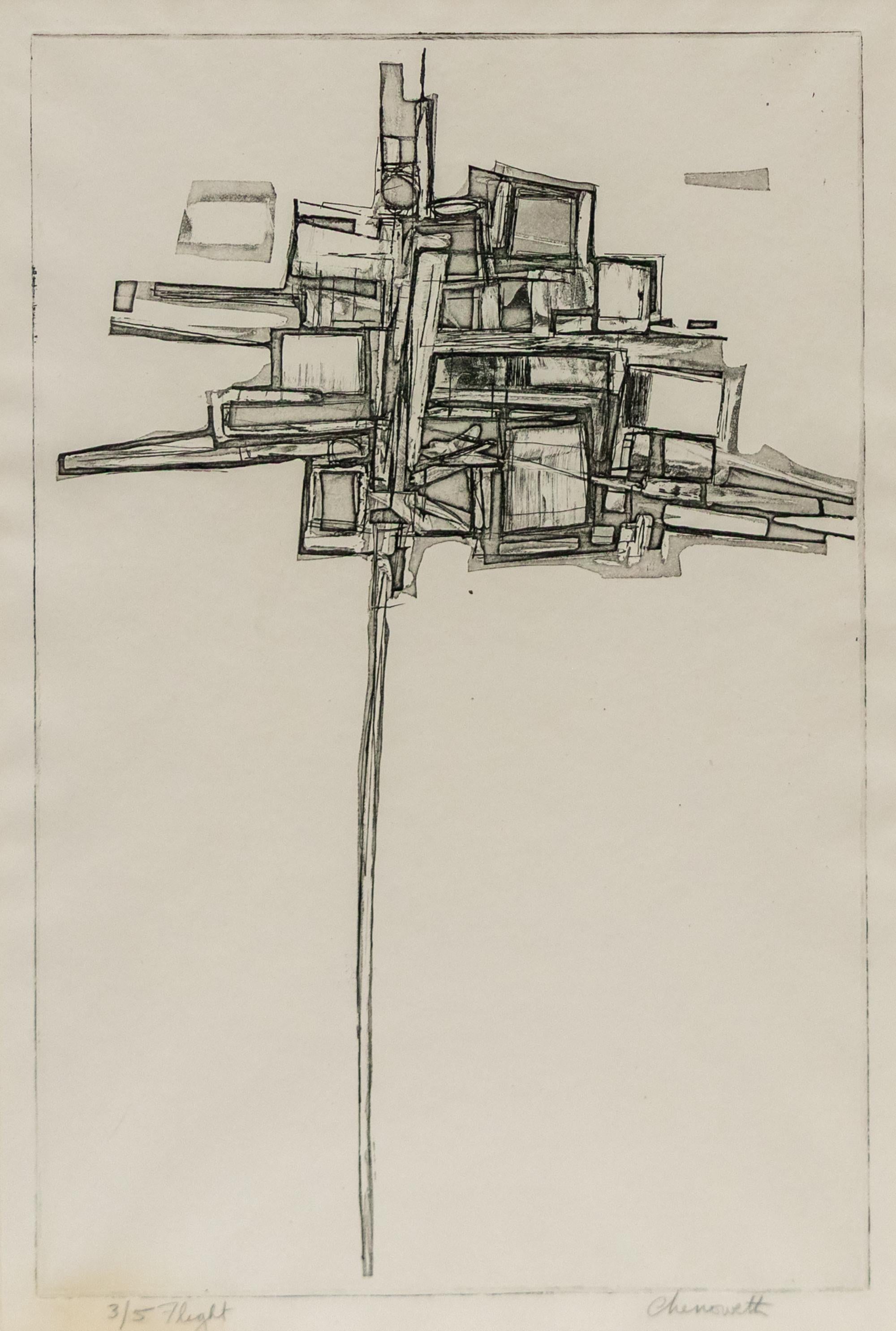 Mid-Century Modern Etching “Flight” by Mary Chenoweth, Signed, Framed, 1950s