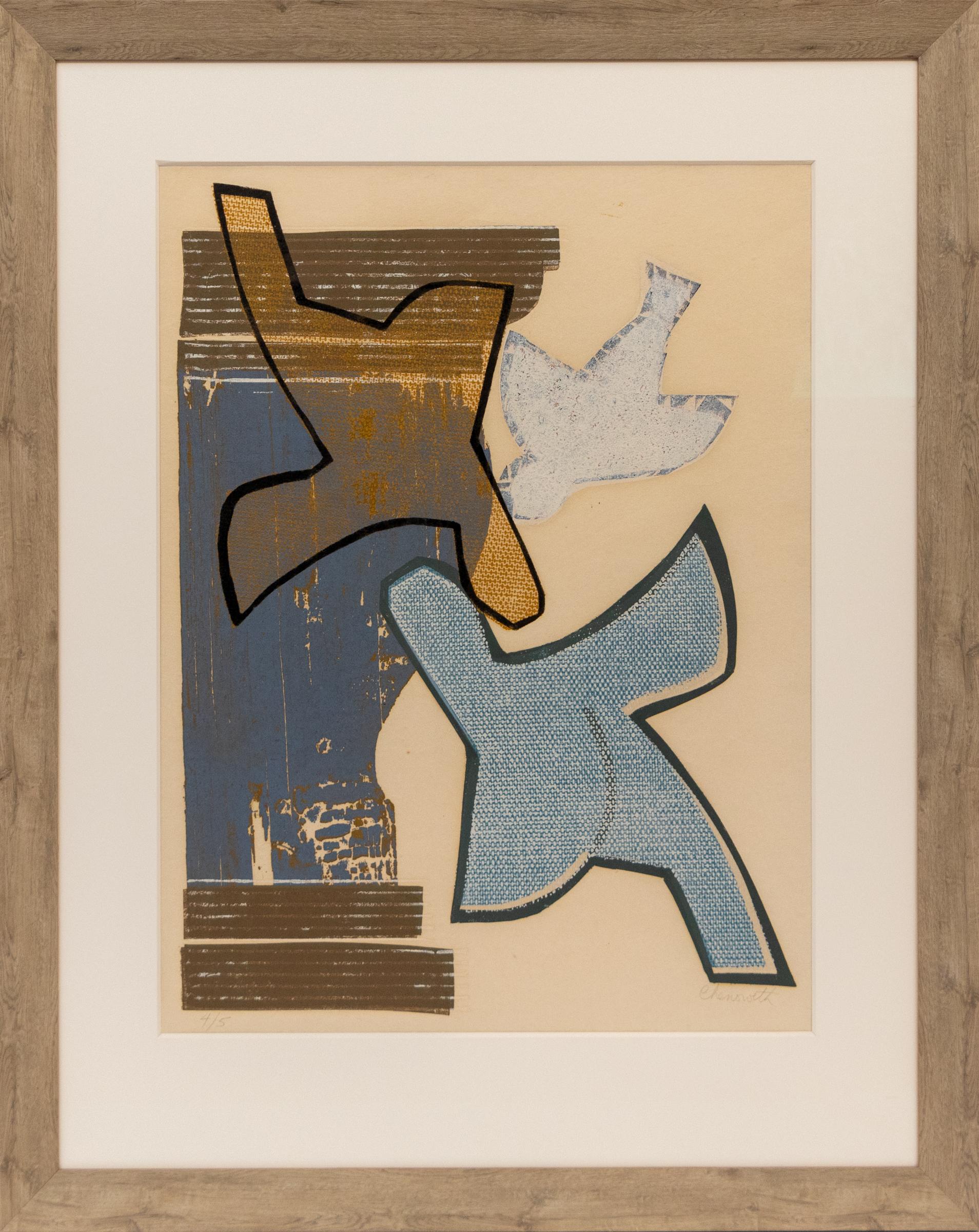Litografía original firmada de los años 70 sobre pájaros azules - Mid Century Modern Artwork - Print moderno estadounidense de Mary Chenoweth