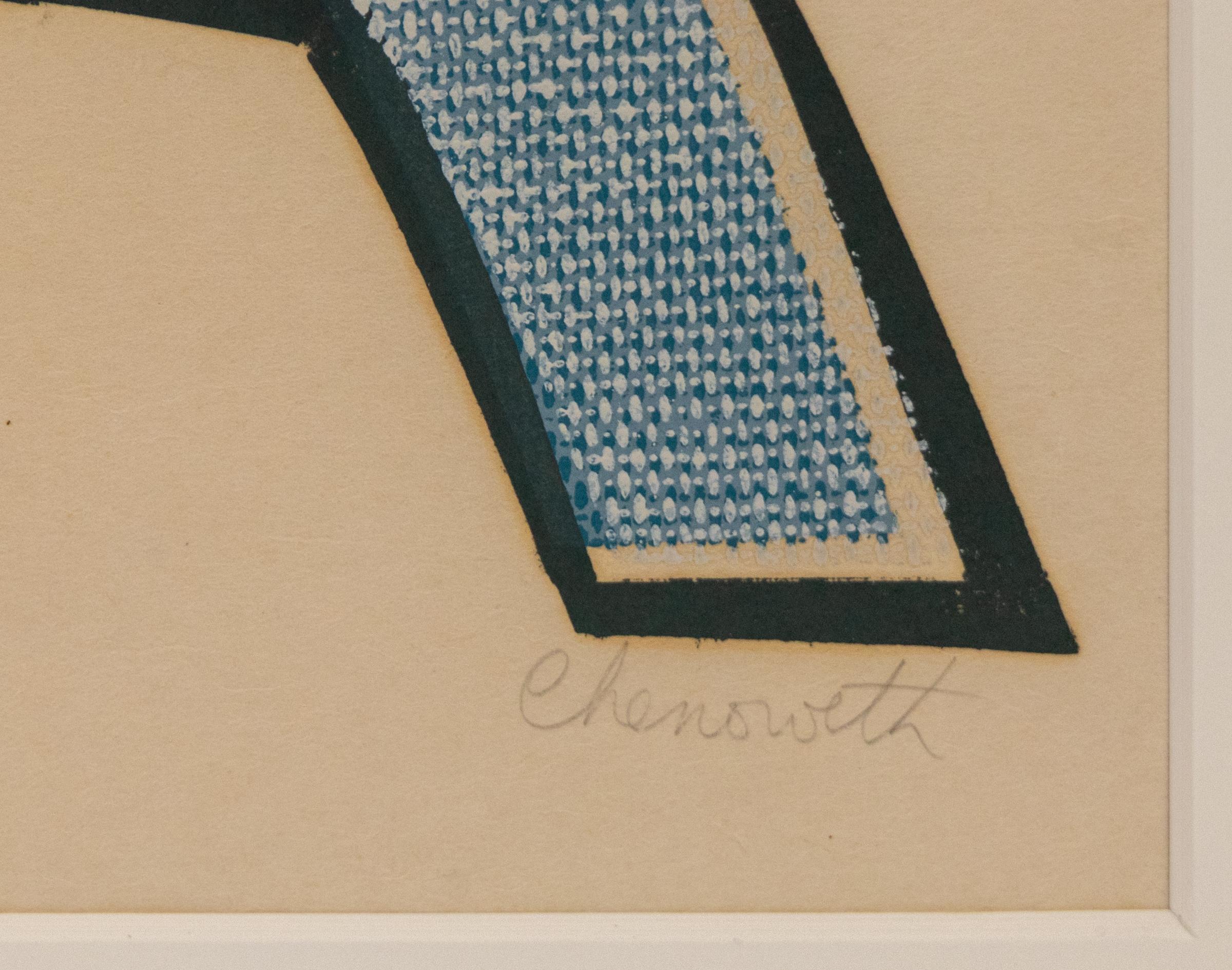 Esta litografía original de época de la famosa artista Mary Chenoweth muestra una representación abstracta de pájaros en vuelo, en la que se aprecia su técnica única de superposición de varias texturas de pintura y pigmento. La dinámica composición