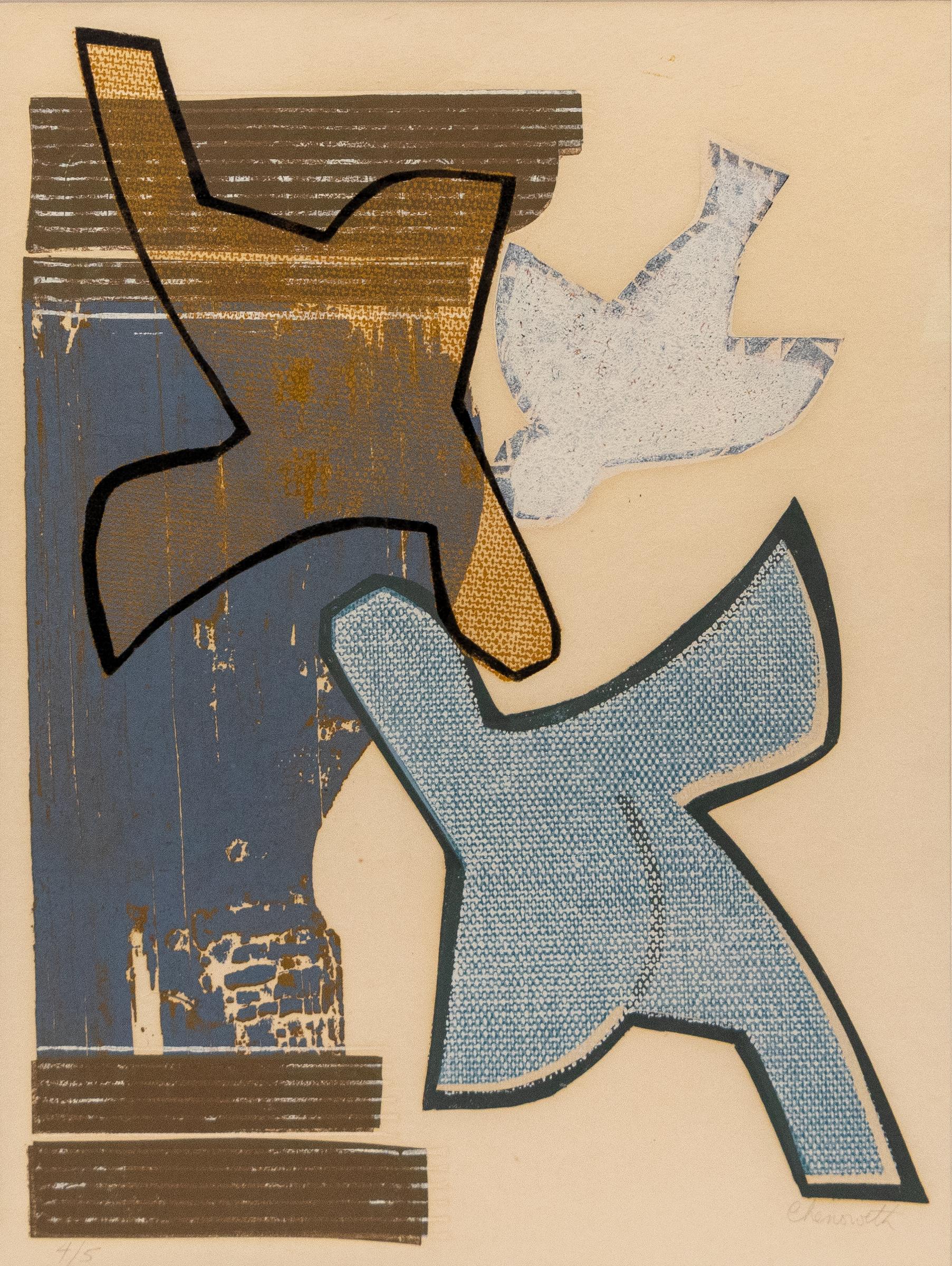 Litografía original firmada de los años 70 sobre pájaros azules - Mid Century Modern Artwork - Print de Mary Chenoweth