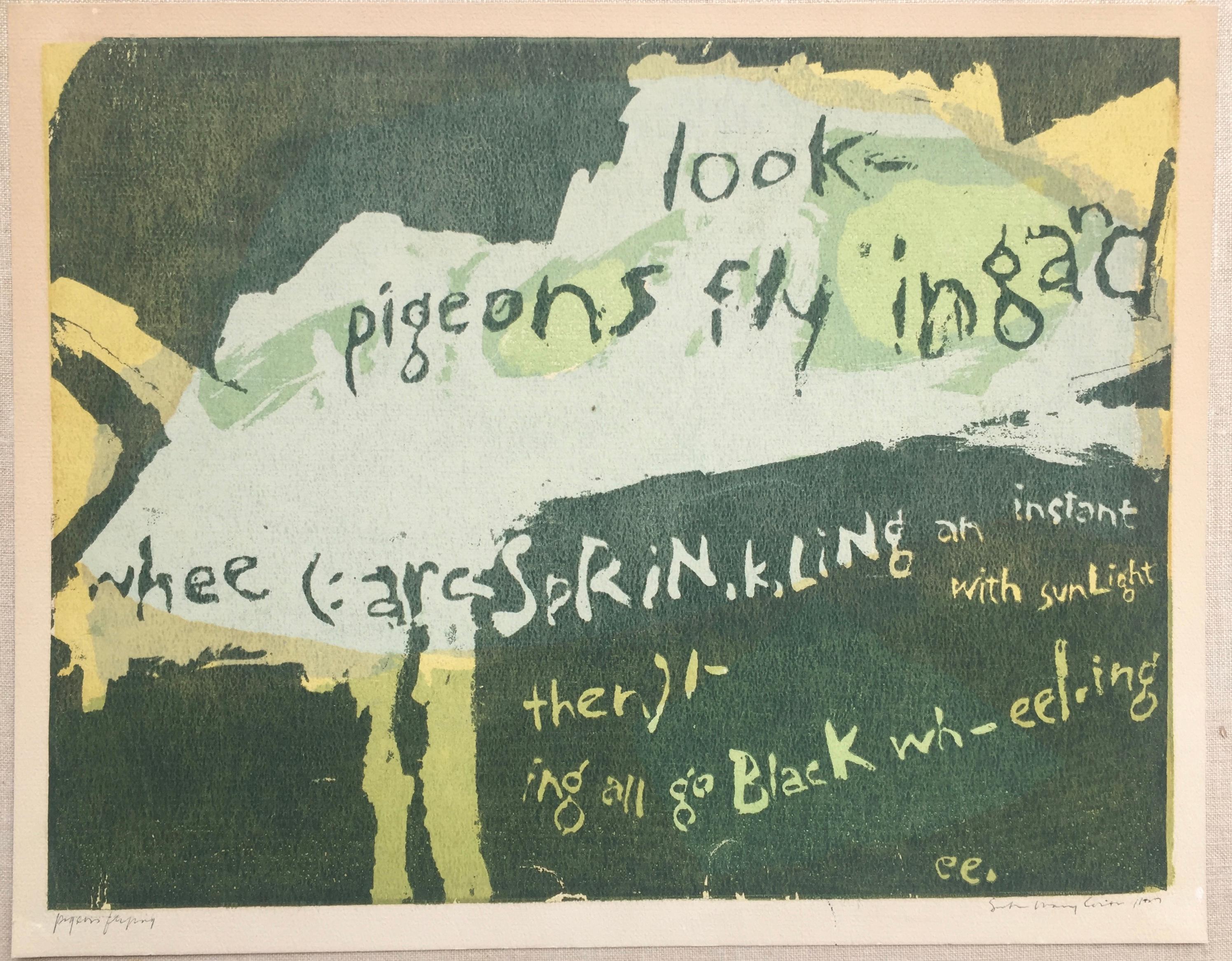 PIGEONS FLYING - Gray Abstract Print by Mary Corita (Sister Corita) Kent