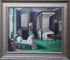 The Green Bedroom - British 1920's Royal Academy exhibited interior oil painting