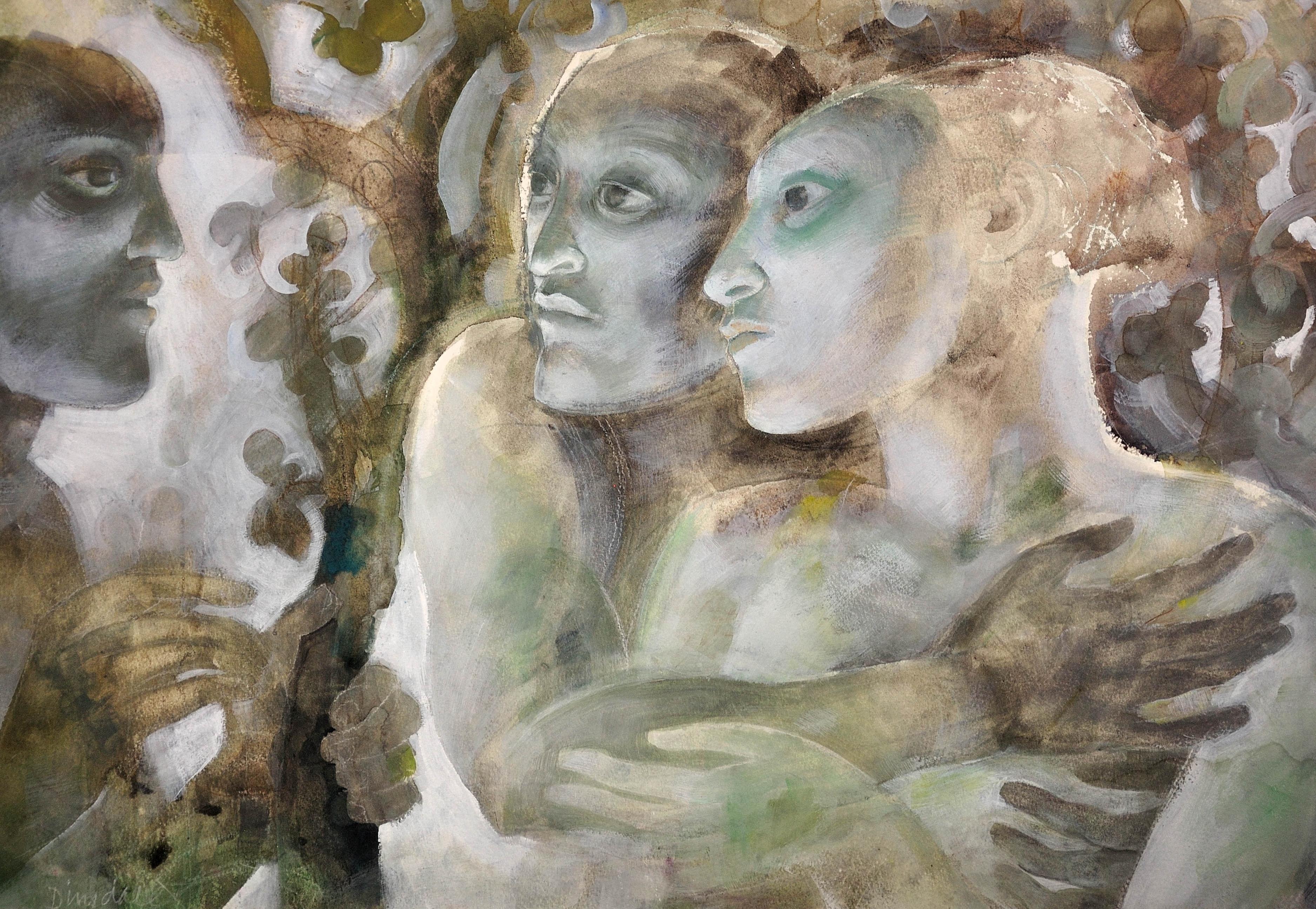 Pourquoi venir ici ? Peinture vintage de style expressionniste néoclassique des années 1980 - Painting de Mary Dinsdale