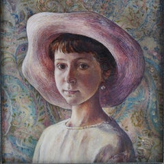 Mary E Carter oil on canvas painting of a girl with a hat