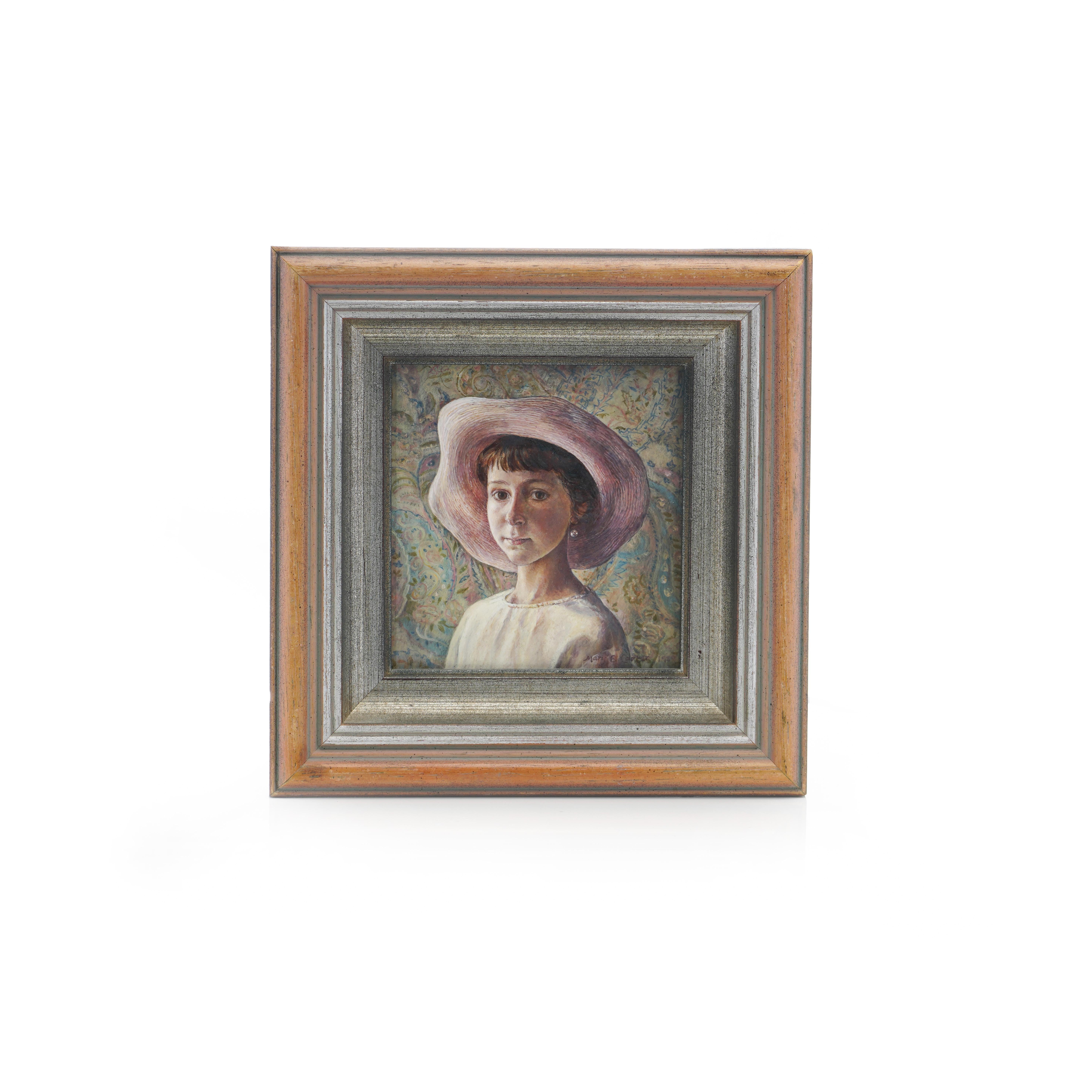 Mary E Carter oil on canvas painting of a girl with a hat In Good Condition For Sale In Braintree, GB