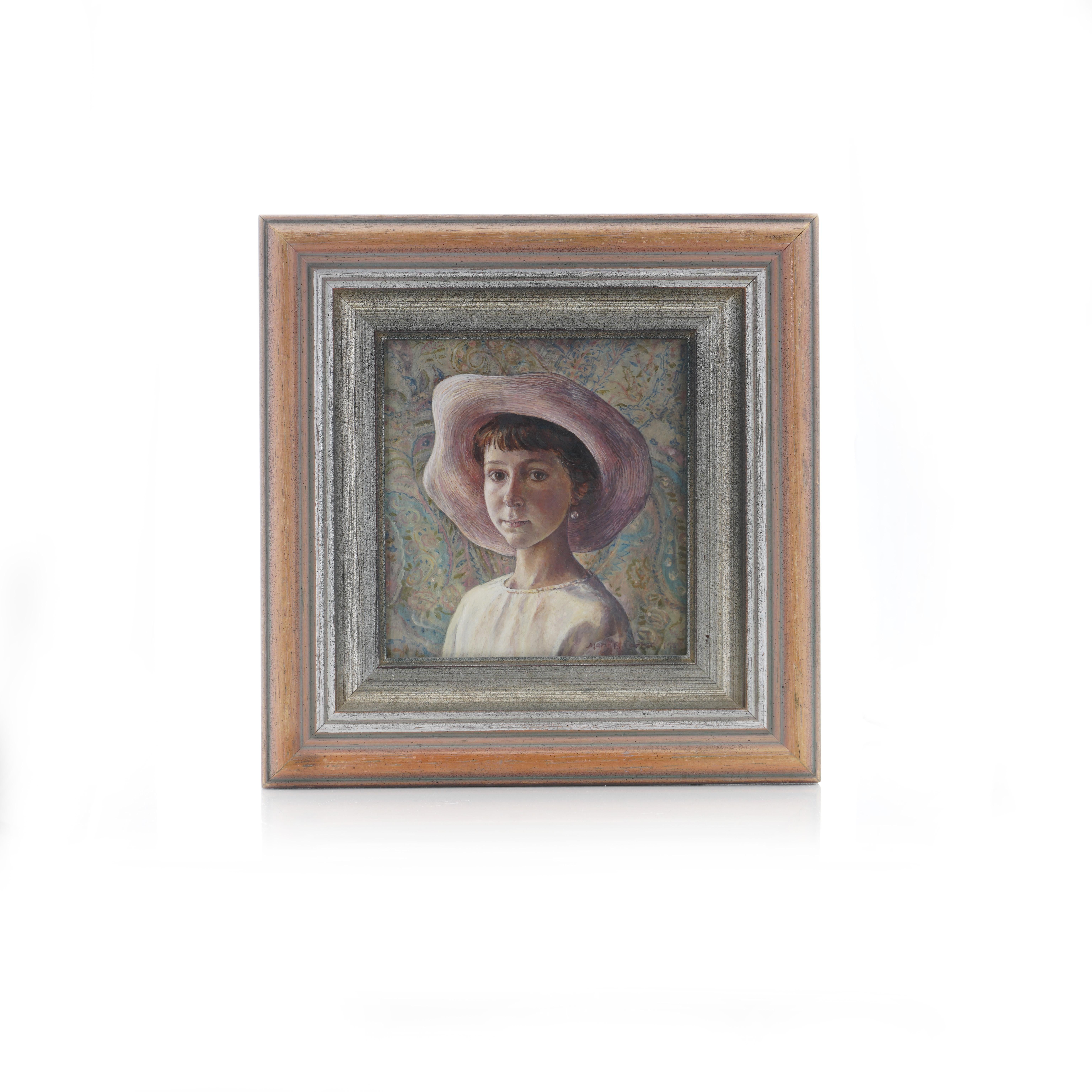 Late 20th Century Mary E Carter oil on canvas painting of a girl with a hat For Sale