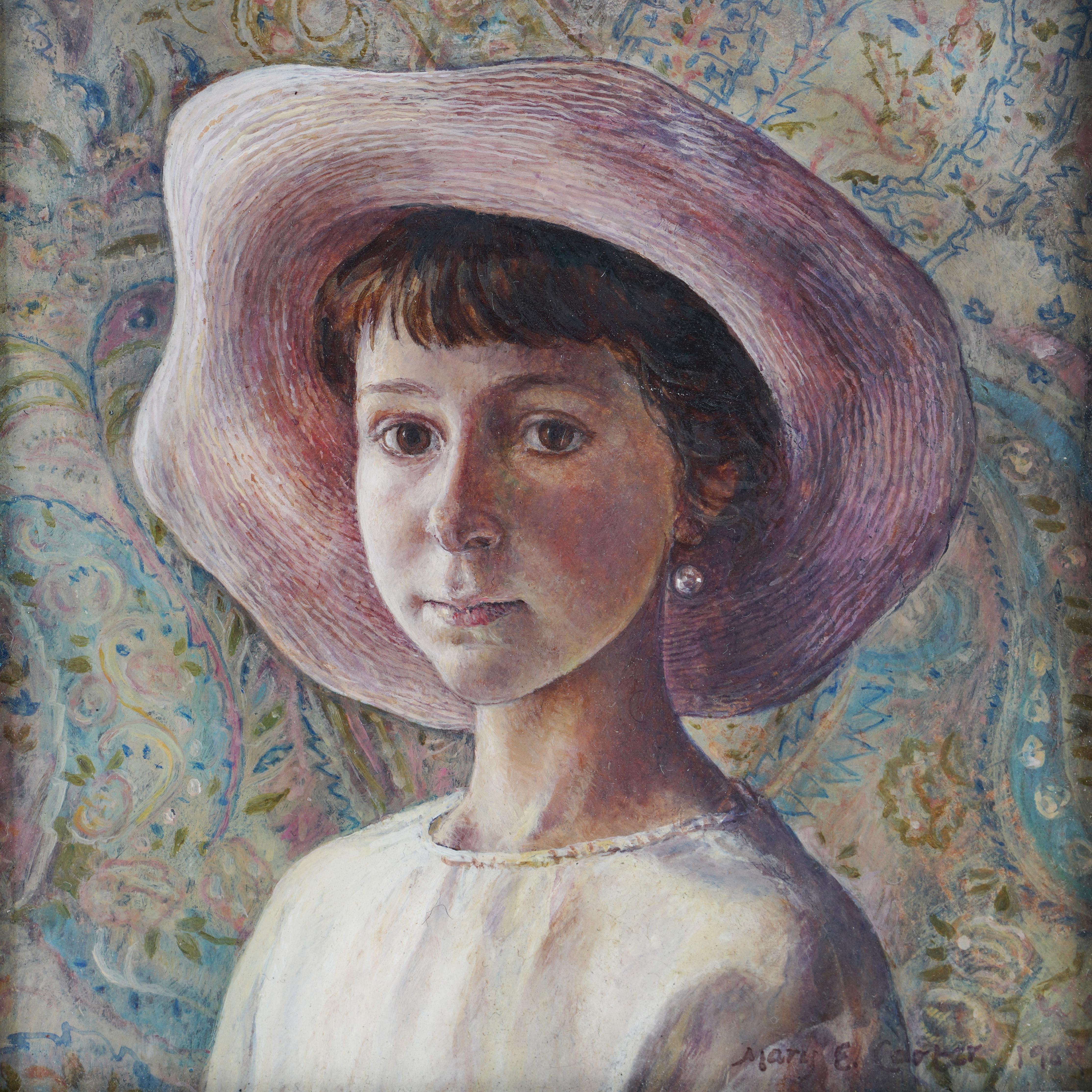 Canvas Mary E Carter oil on canvas painting of a girl with a hat For Sale
