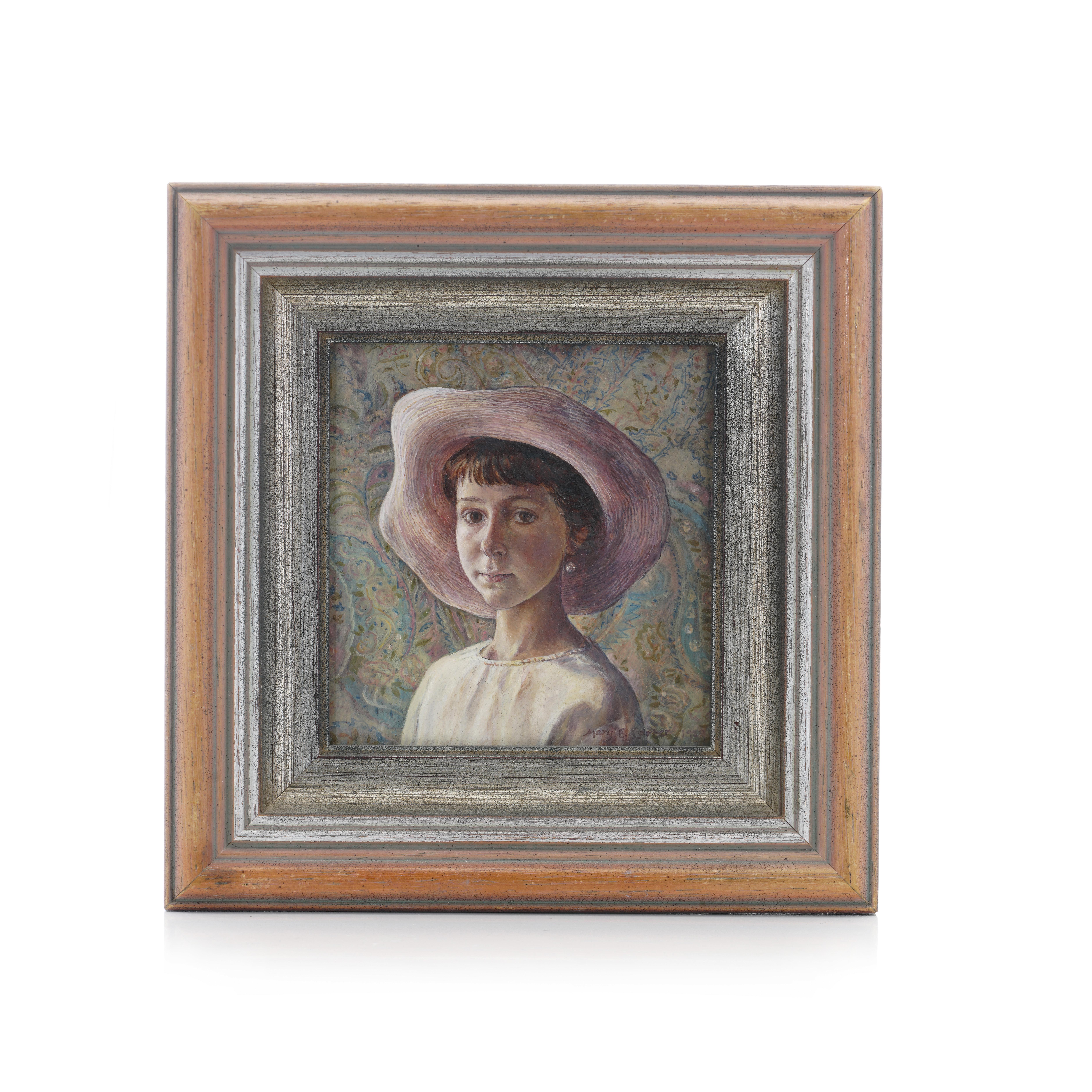 Mary E Carter oil on canvas painting of a girl with a hat For Sale 3
