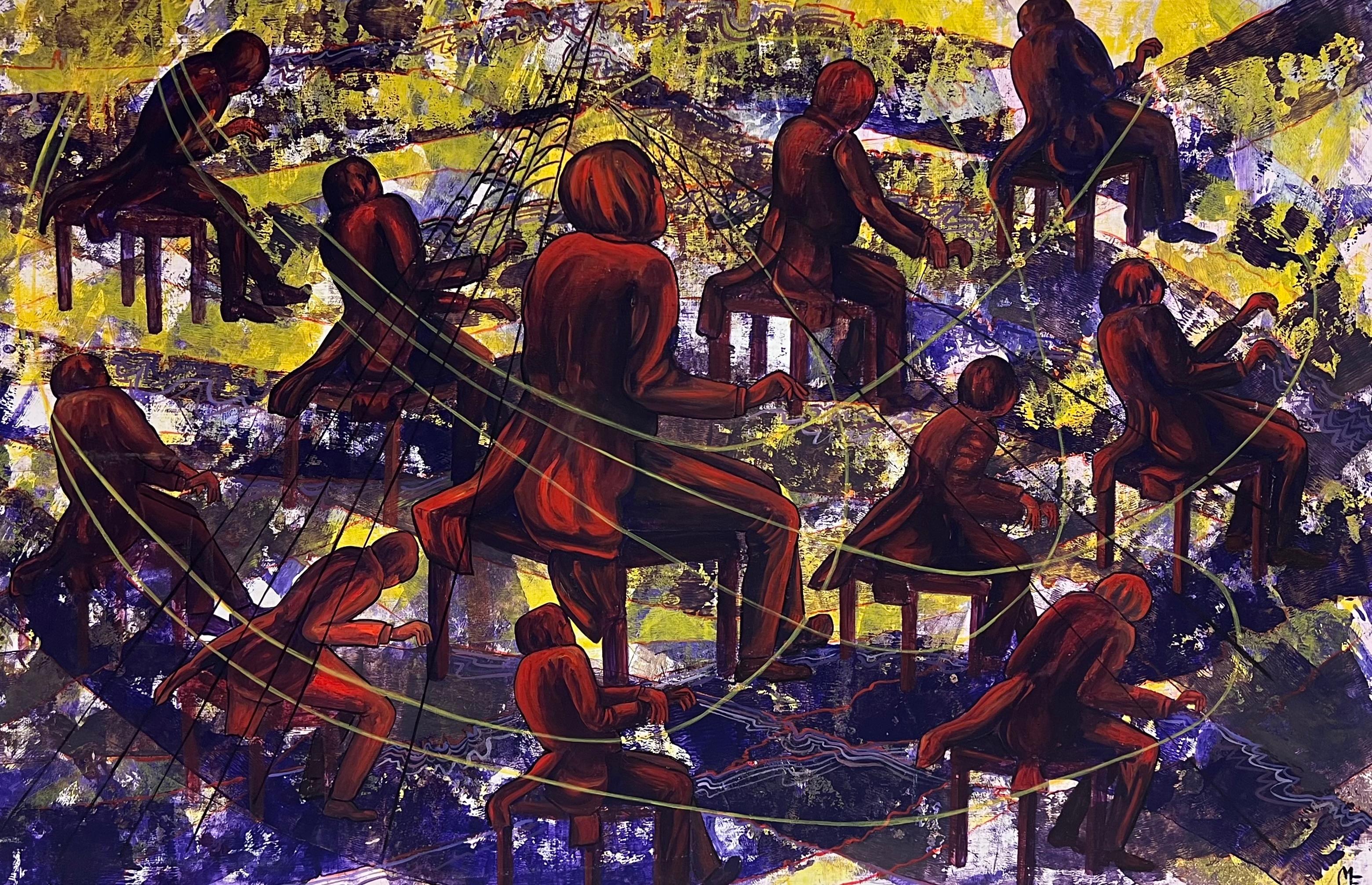 Grande dipinto astratto britannico del XX secolo Il concerto di piano Opera figurativa - Painting di Mary Edwards
