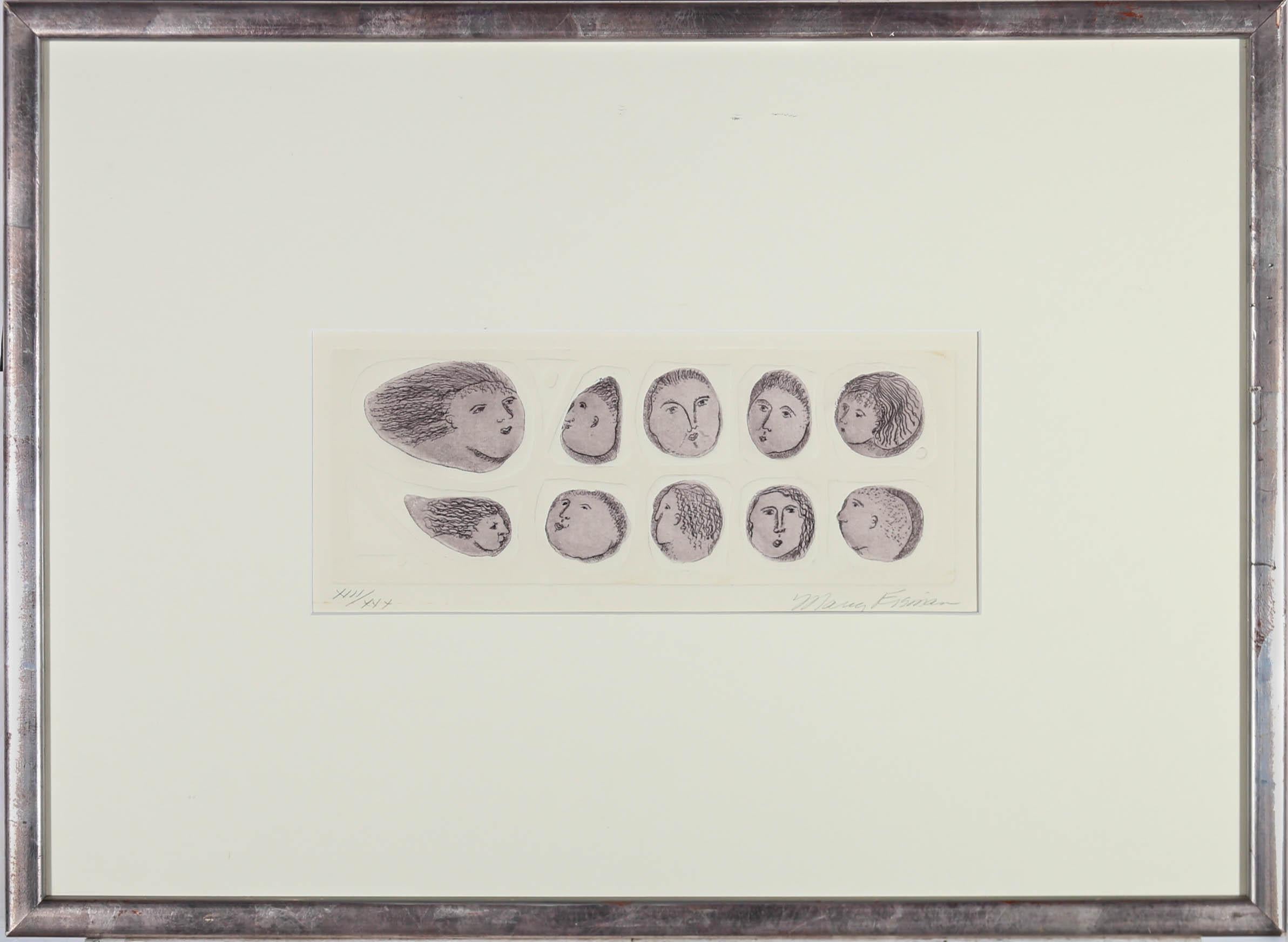Eine charmante Darstellung von geätzten Gesichtern mit verschiedenen Ausdrücken. Signiert unten rechts. Präsentiert in einem silbernen Rahmen mit Goldeffekt. Auf dem Papier.

