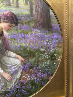 English 19th C, Pre-Raphaelite portrait of a lady picking Flowers in a landscape