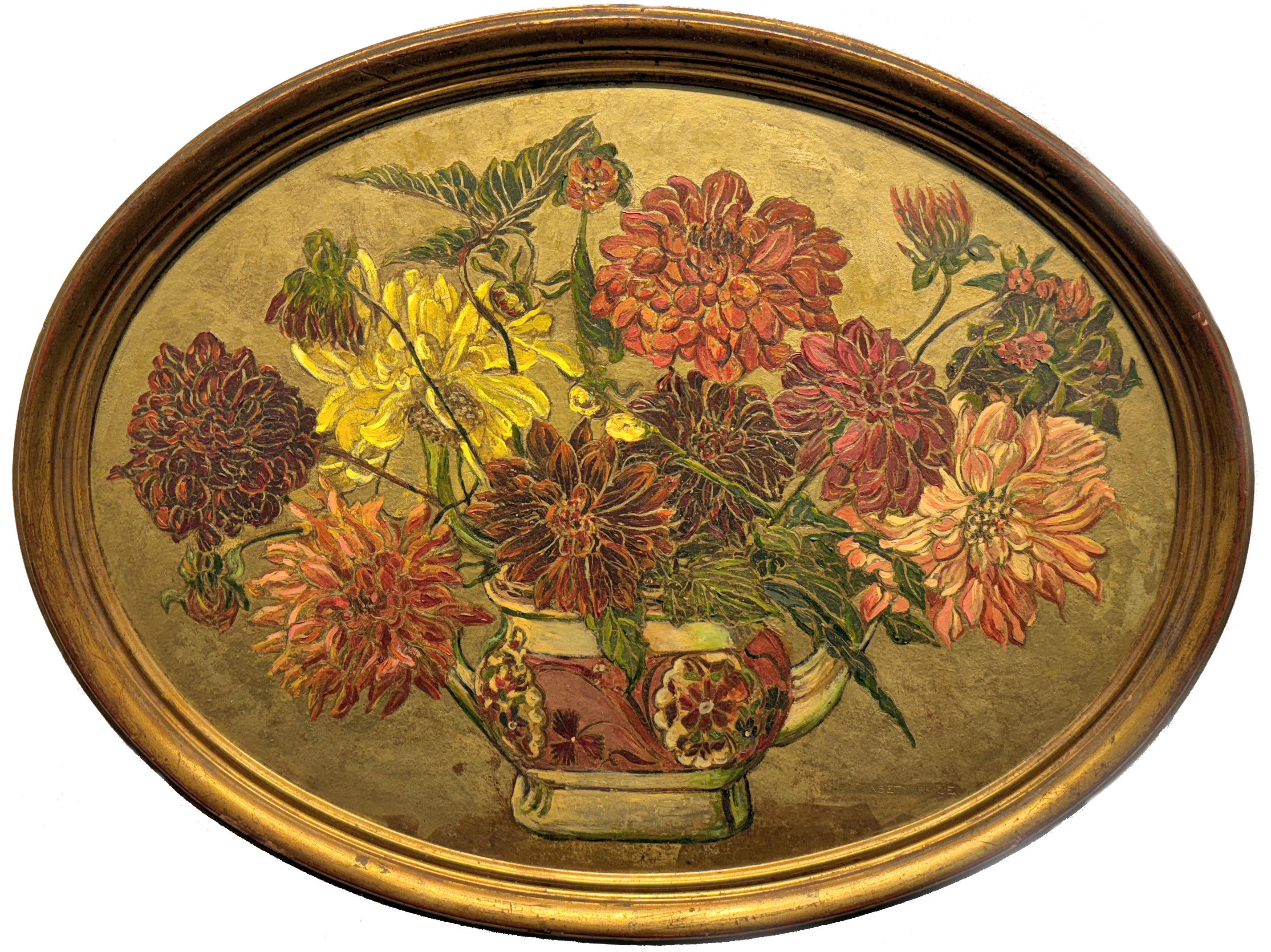 Mary Elizabeth Price
Dahlias and Lustre, circa 1925
Signed within a cartouche lower right, titled verso
Oil and gold leaf on Masonite
Oval 16 1/4 x 22 inches

Provenance
The artist
Ferargil Galleries, New York
Private Collection, Florida
Freeman's,