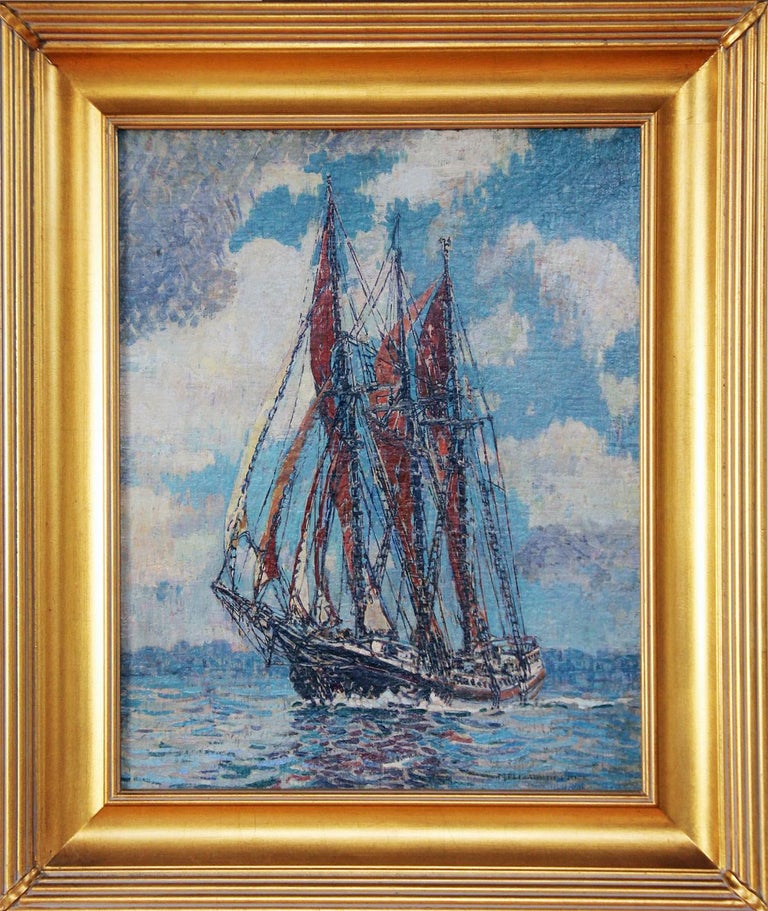 Village Queen, Marine Scene with Schooner, Oil and White Gold Leaf on Canvas - Painting by Mary Elizabeth Price