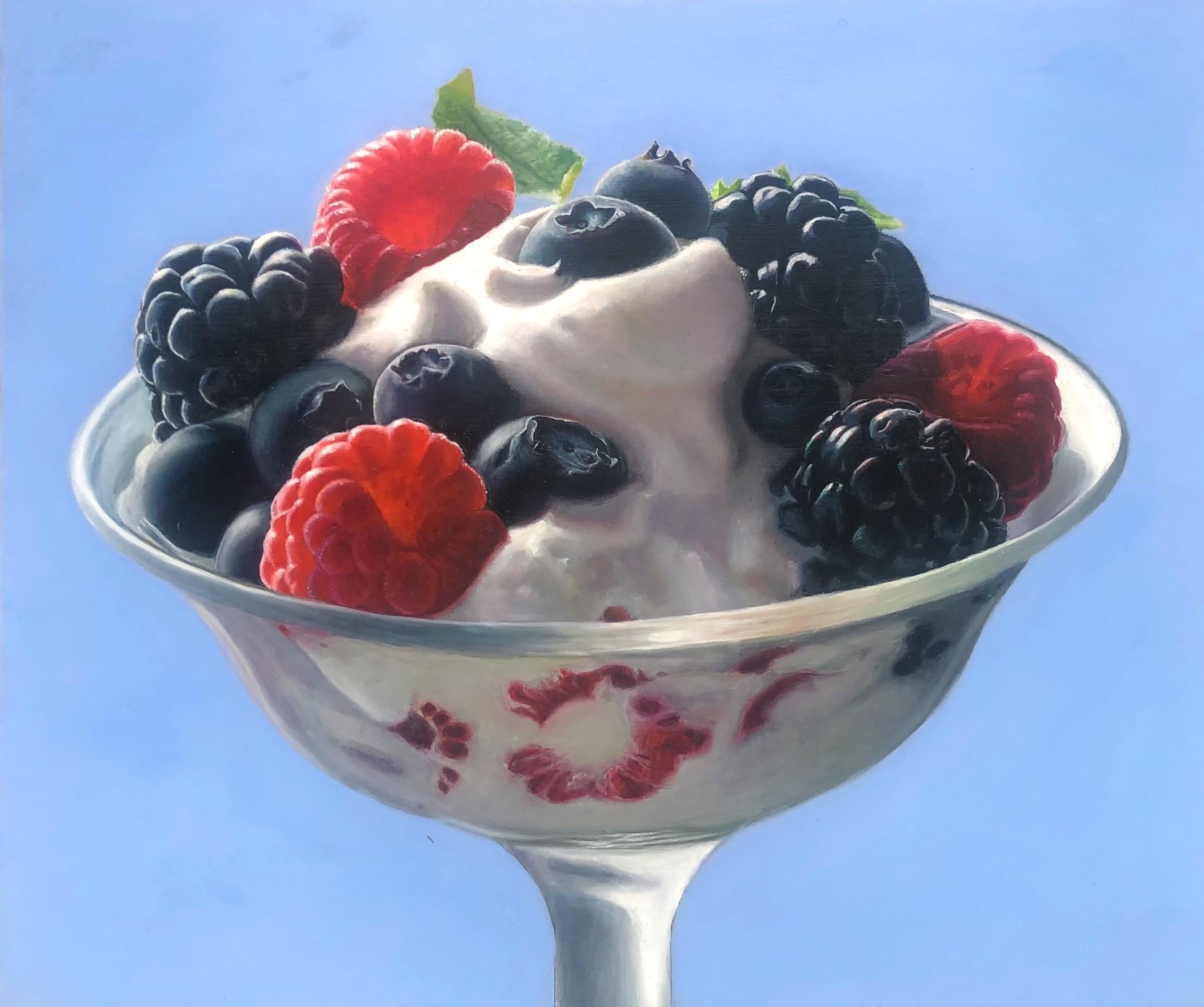 "Berries and Cream"  Photo-Realist Still Life 3 Fruits in Glass Compote on Blue