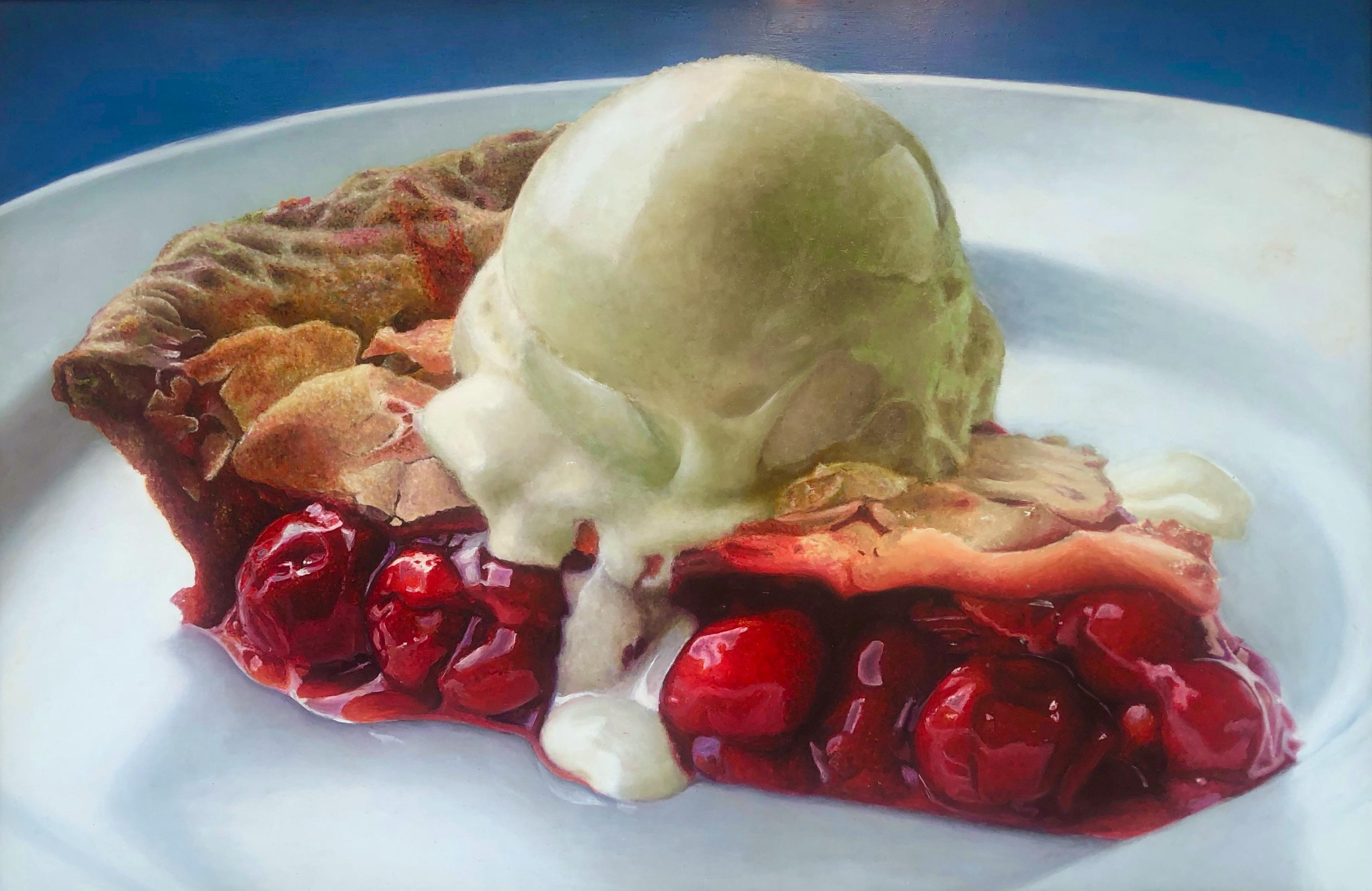 "Big Cherry Pie a la Mode"   Photo-Realist Pie Slice/ Vanilla Ice Cream on Blue