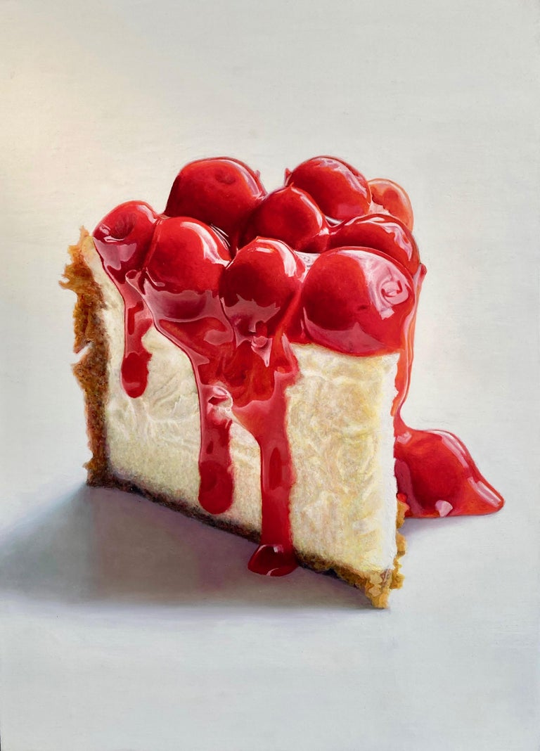 Mary Ellen Johnson Still-Life Painting - "Cherry Cheesecake"  Photo-Realist Still Life, Cheesecake Slice in Red and White