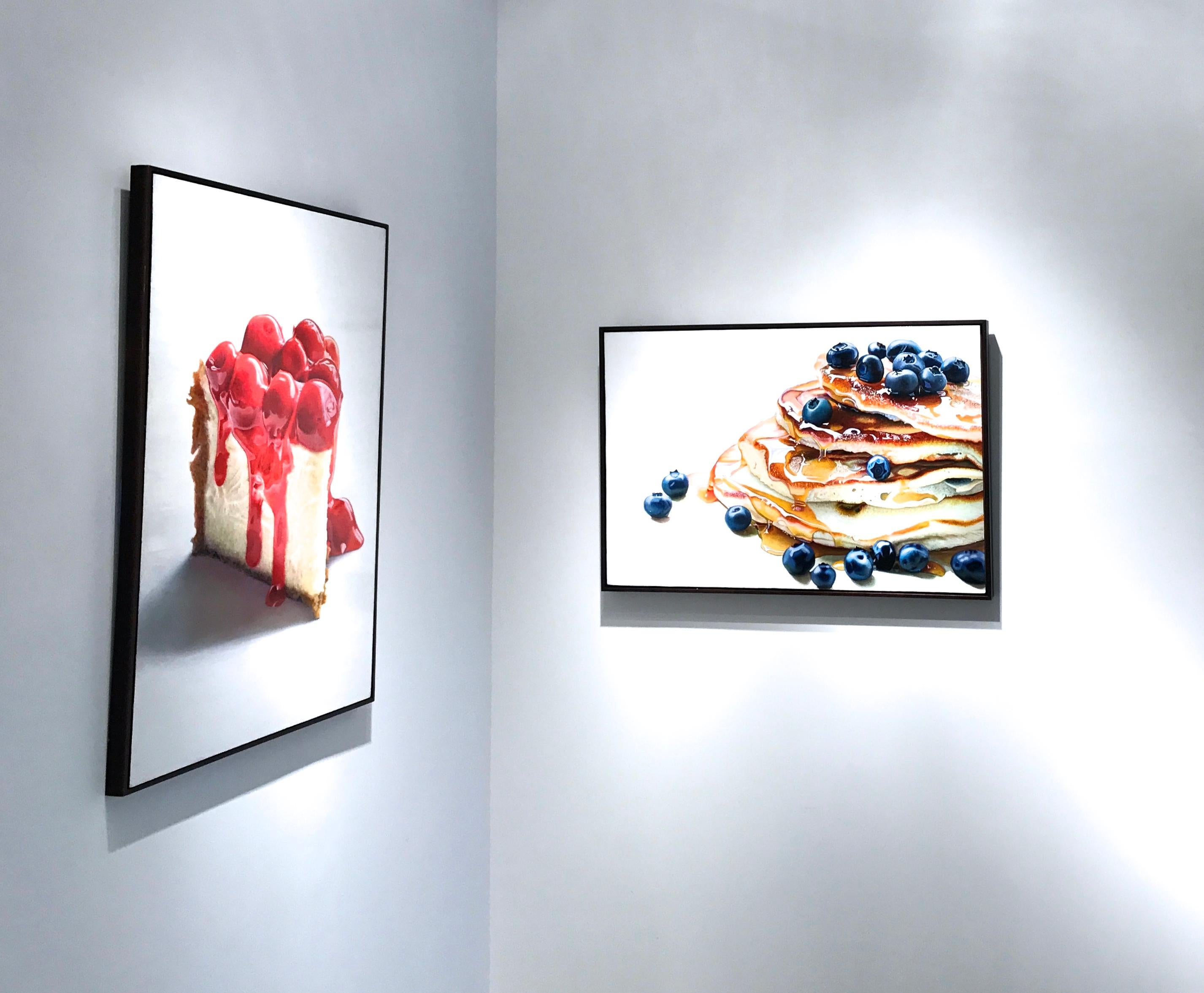 Pancakes mit Blaubeeren Foto-realistisches Gemälde von Pancakes:: Zucker:: Blaubeer (Pop-Art), Painting, von Mary Ellen Johnson