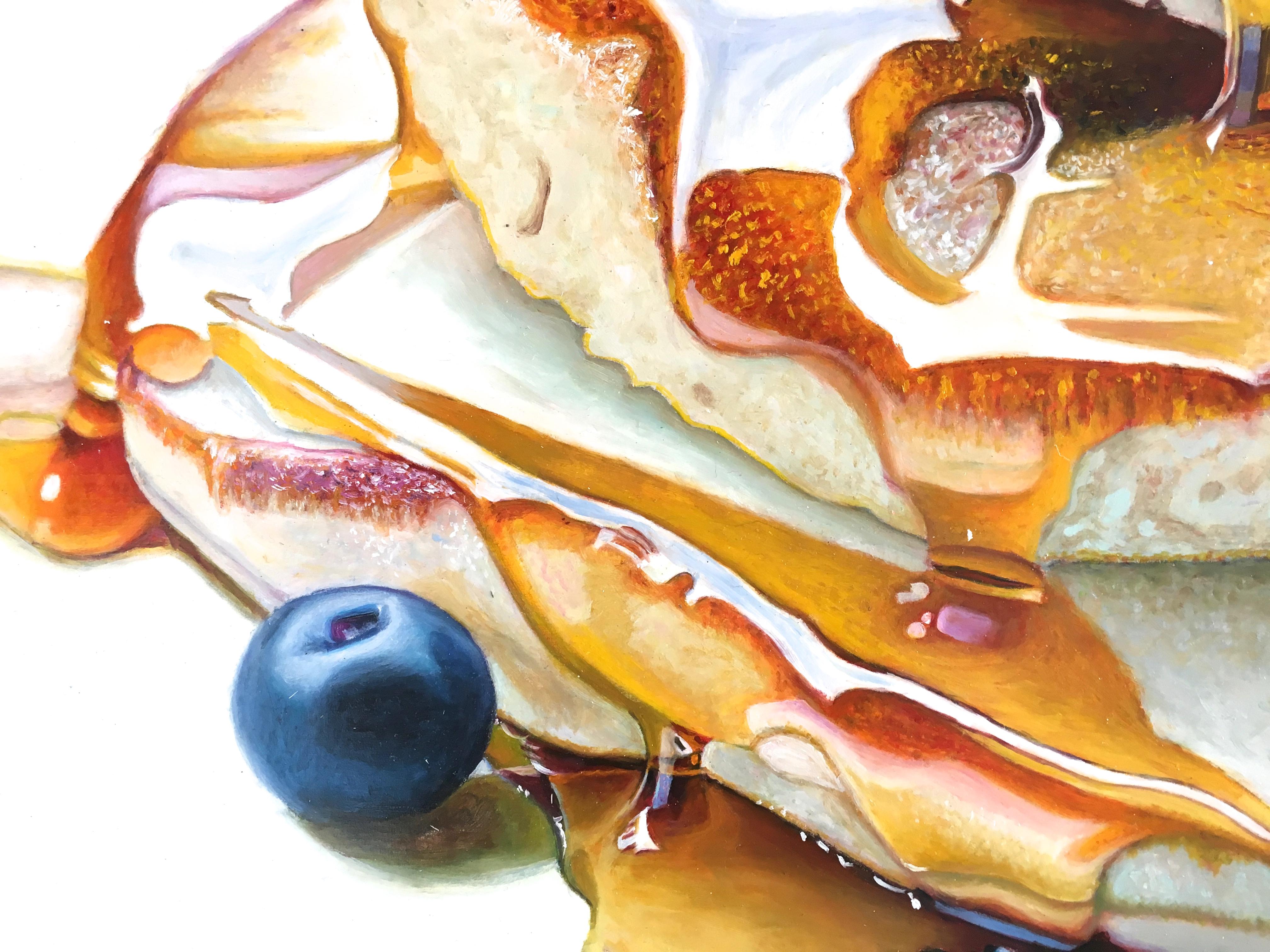 Pancakes with Blueberries  Photo-Realist Painting of Pancakes, Syrup, Blueberry - Beige Figurative Painting by Mary Ellen Johnson