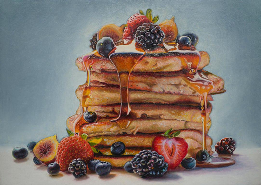 Mary Ellen Johnson Still-Life Painting - Photorealist Still Life with Pancakes, "Big Stack with Fruit", oil on panel